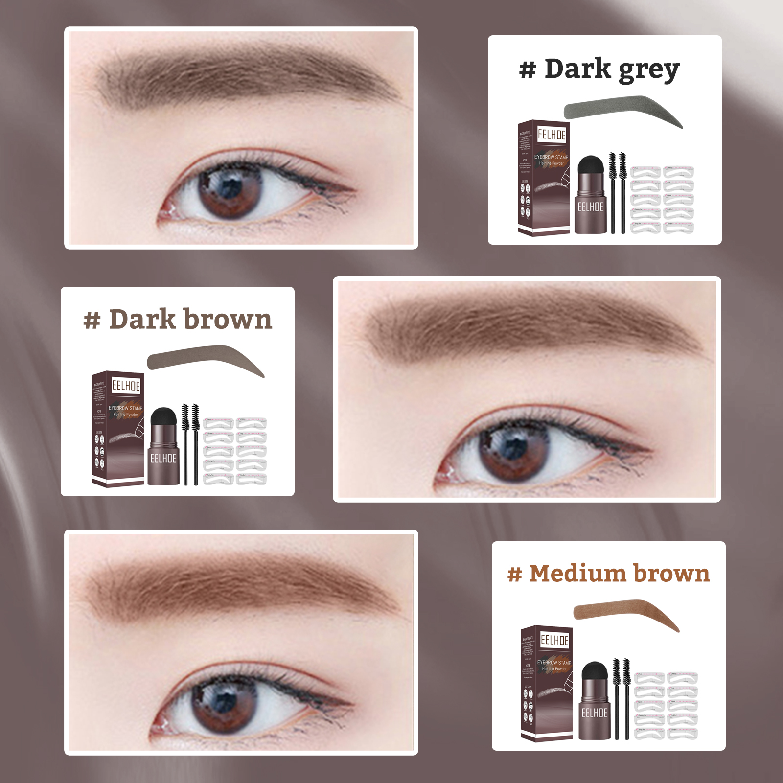 Dual spoolie brushes beside eyebrow stamp applicator