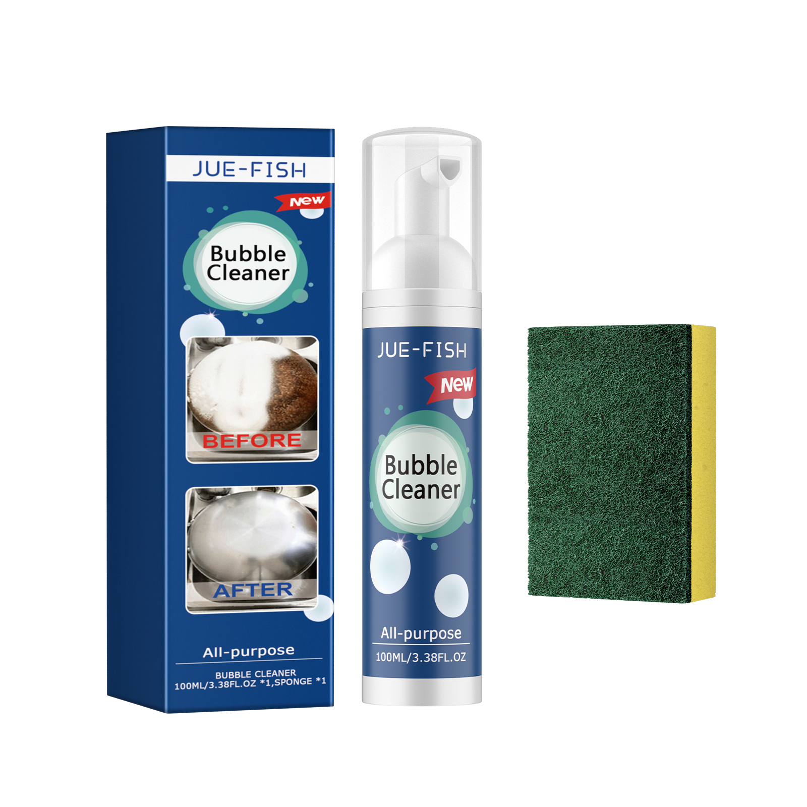 Cleaner bottle and abrasive sponge beside product box