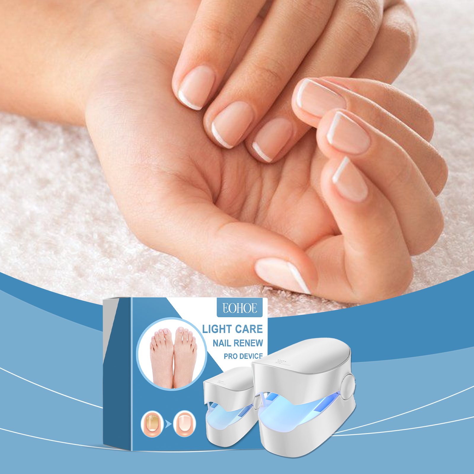 Compact nail device shown beside manicured hands