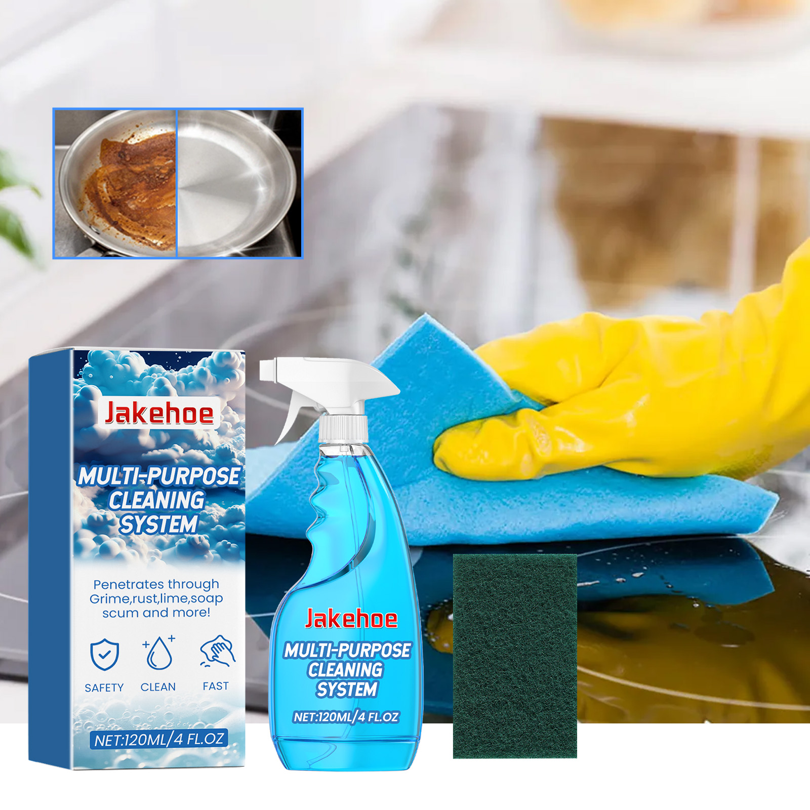 Blue cleaning spray and sponge beside active cookware cleaning