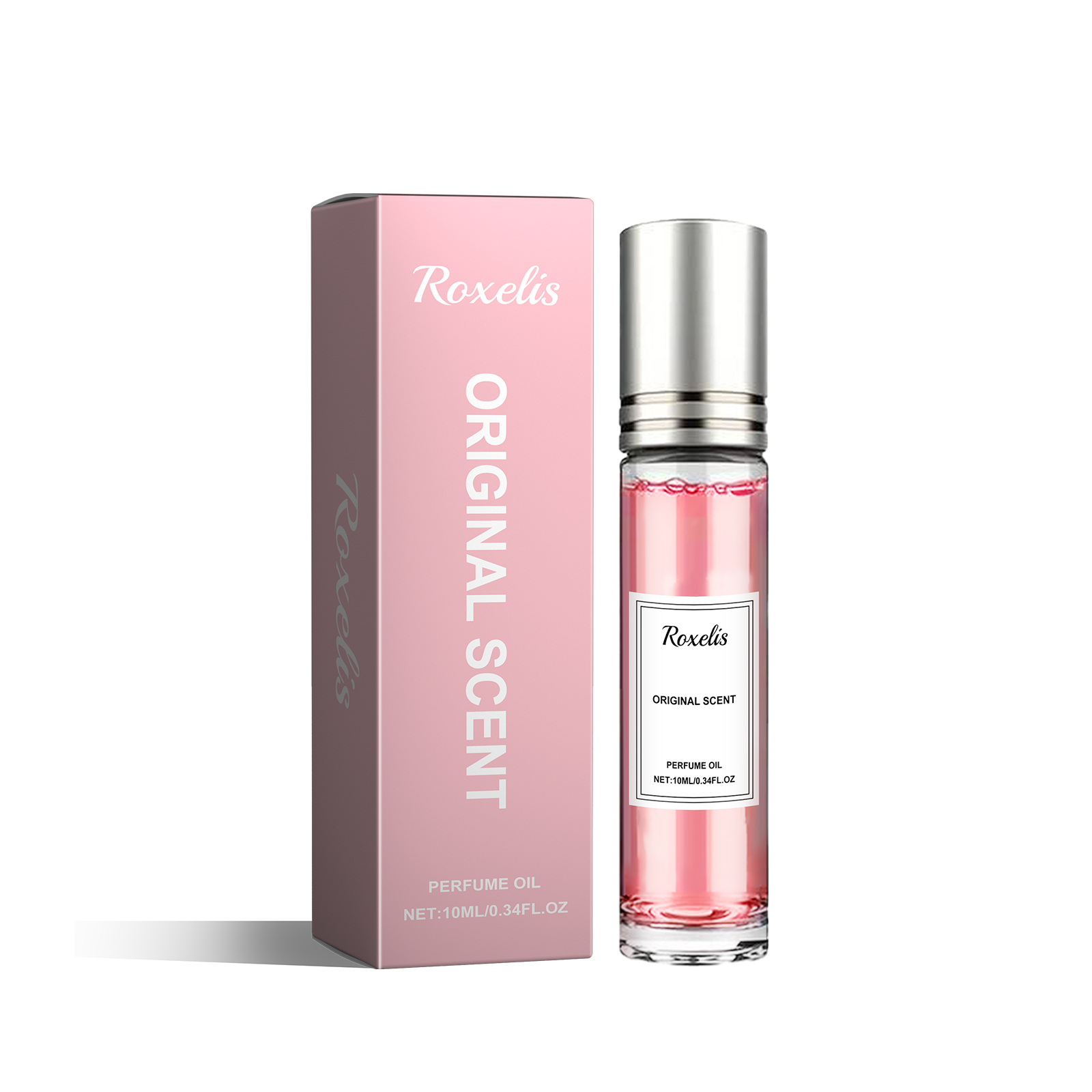 Pink perfume oil bottle with matching printed presentation box