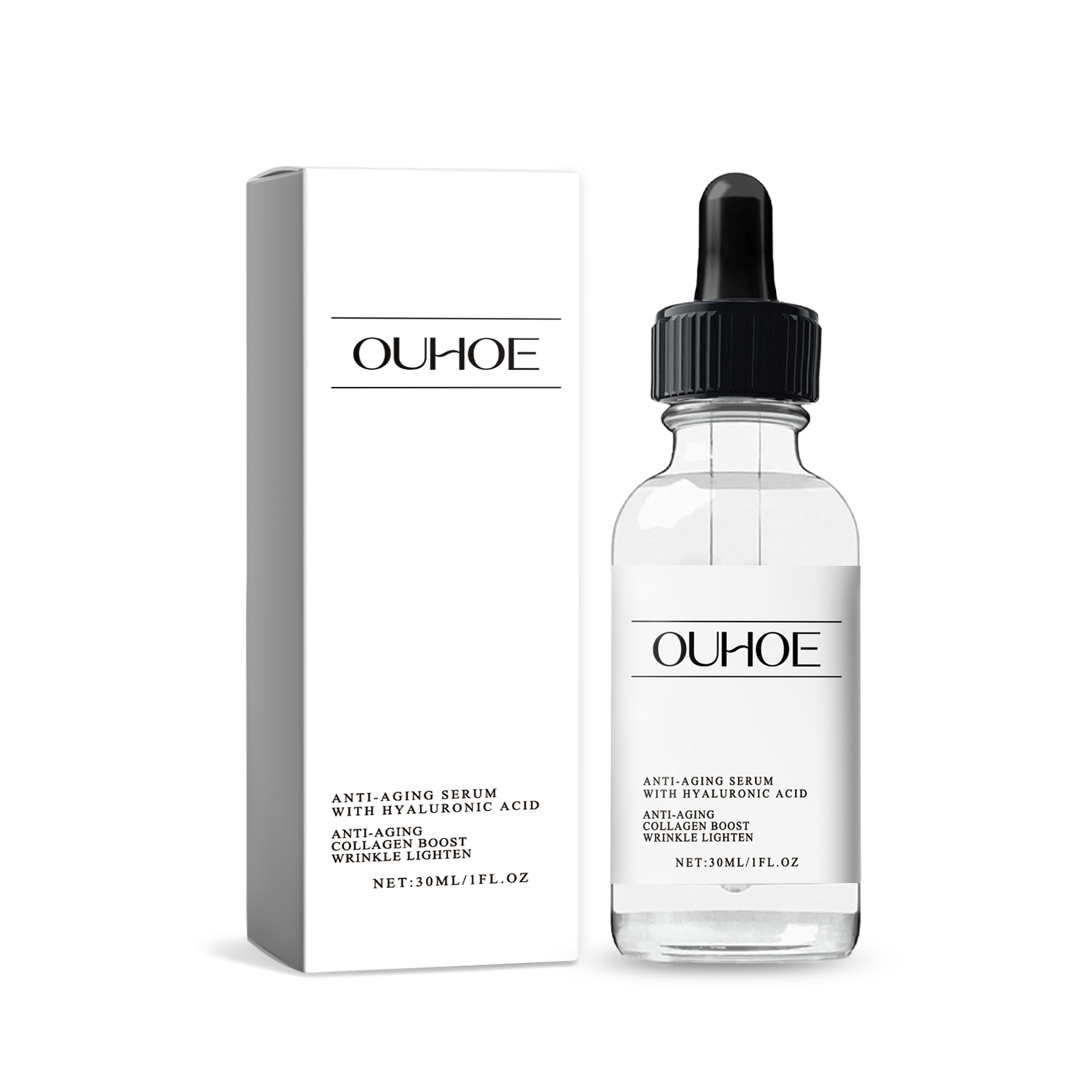 Minimalist glass essence bottle with retail packaging