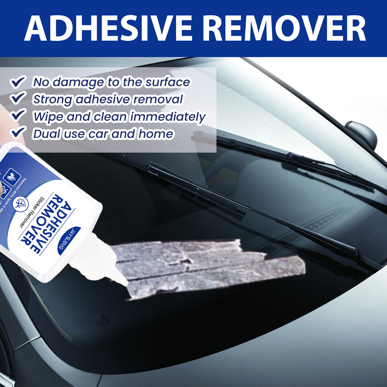 Adhesive remover positioned on car windshield