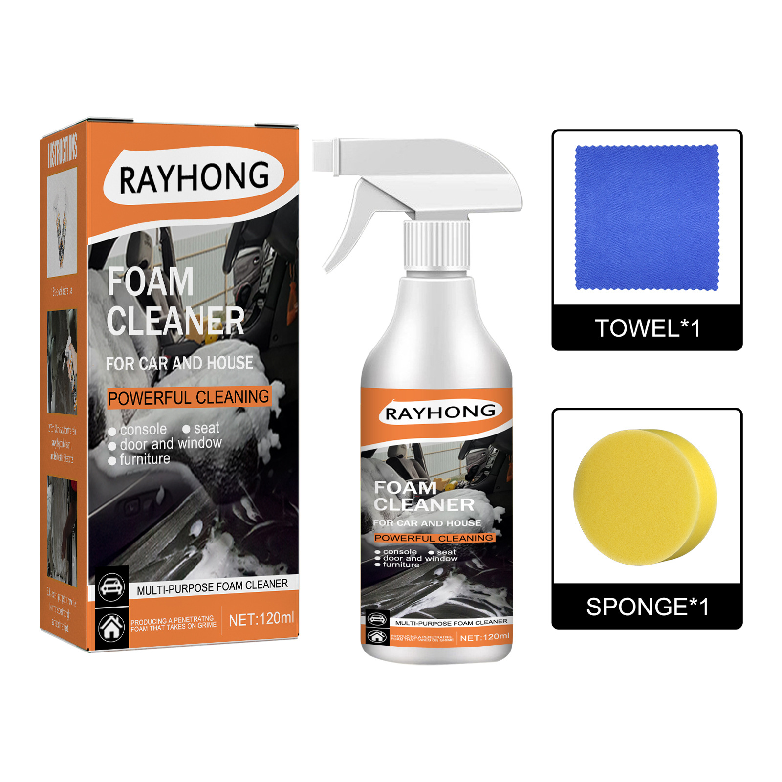 Foam cleaner bottle with included towel sponge and box