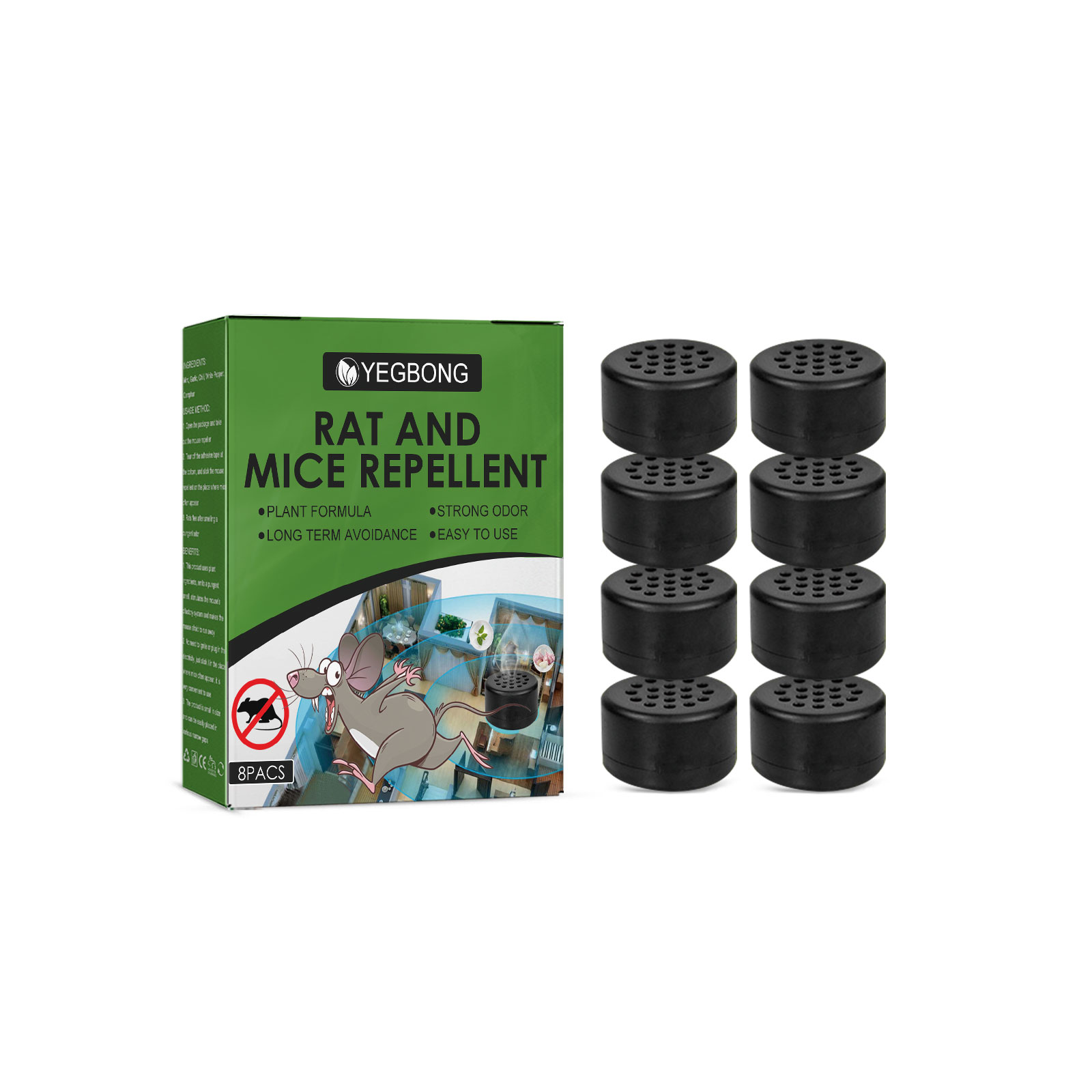 Eight compact black repellent pills with retail packaging