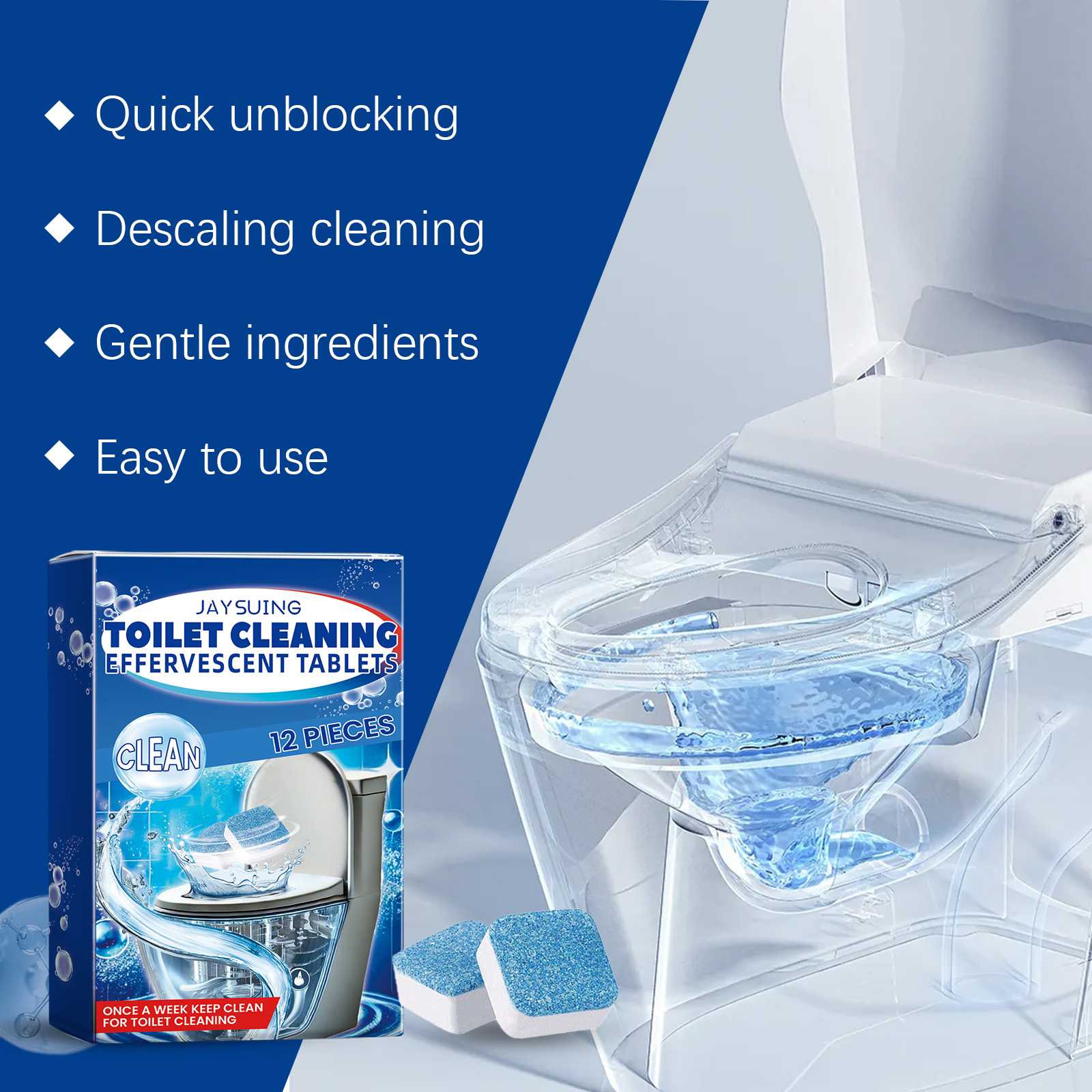 Toilet cleaning tablet box beside blue cleaning water
