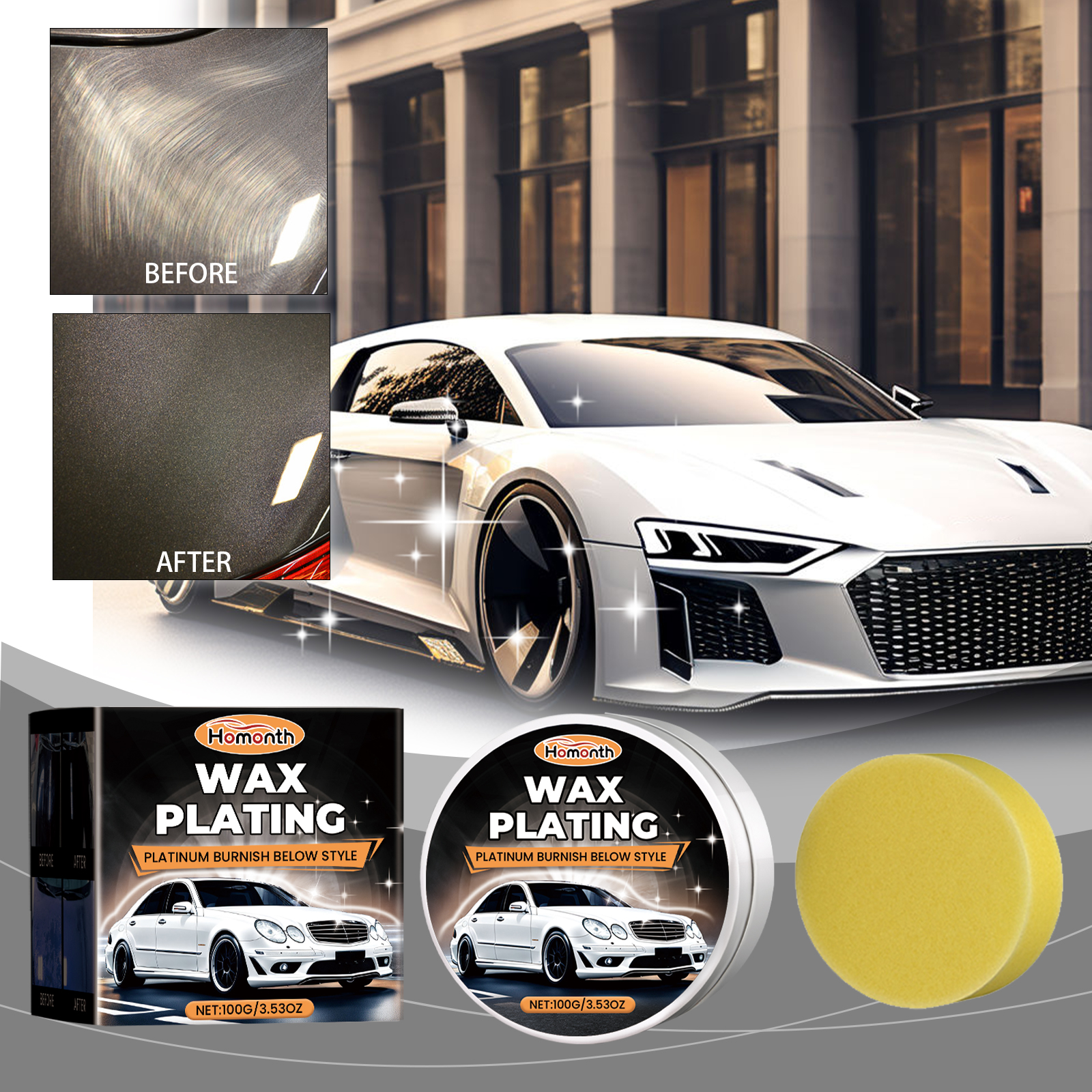 Before and after comparison of dull and glossy car paint