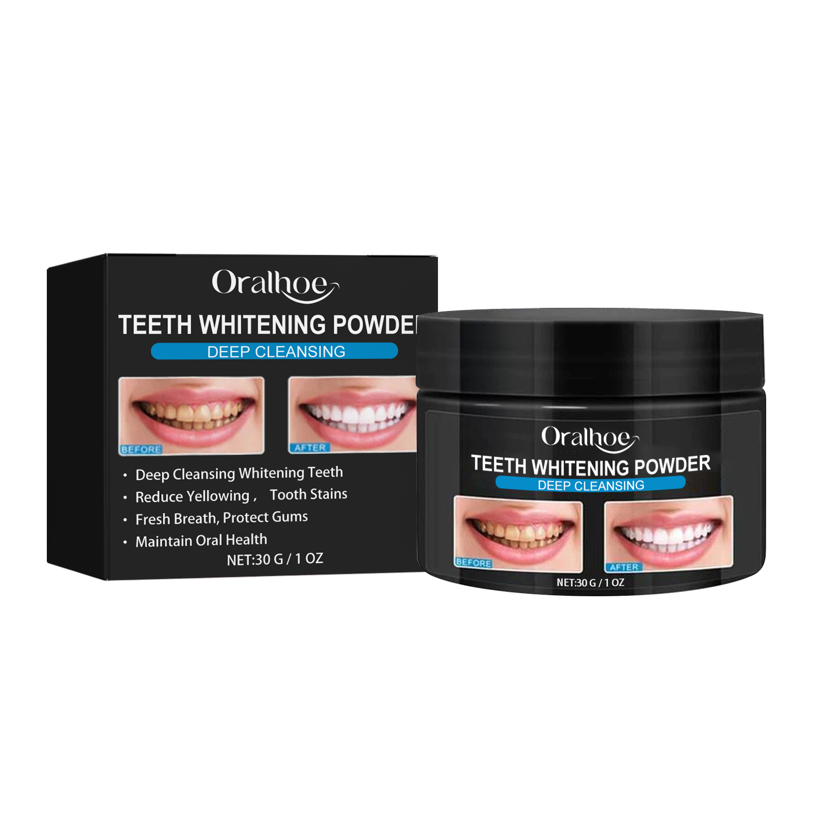 Whitening powder packaging with blue gum-care accents