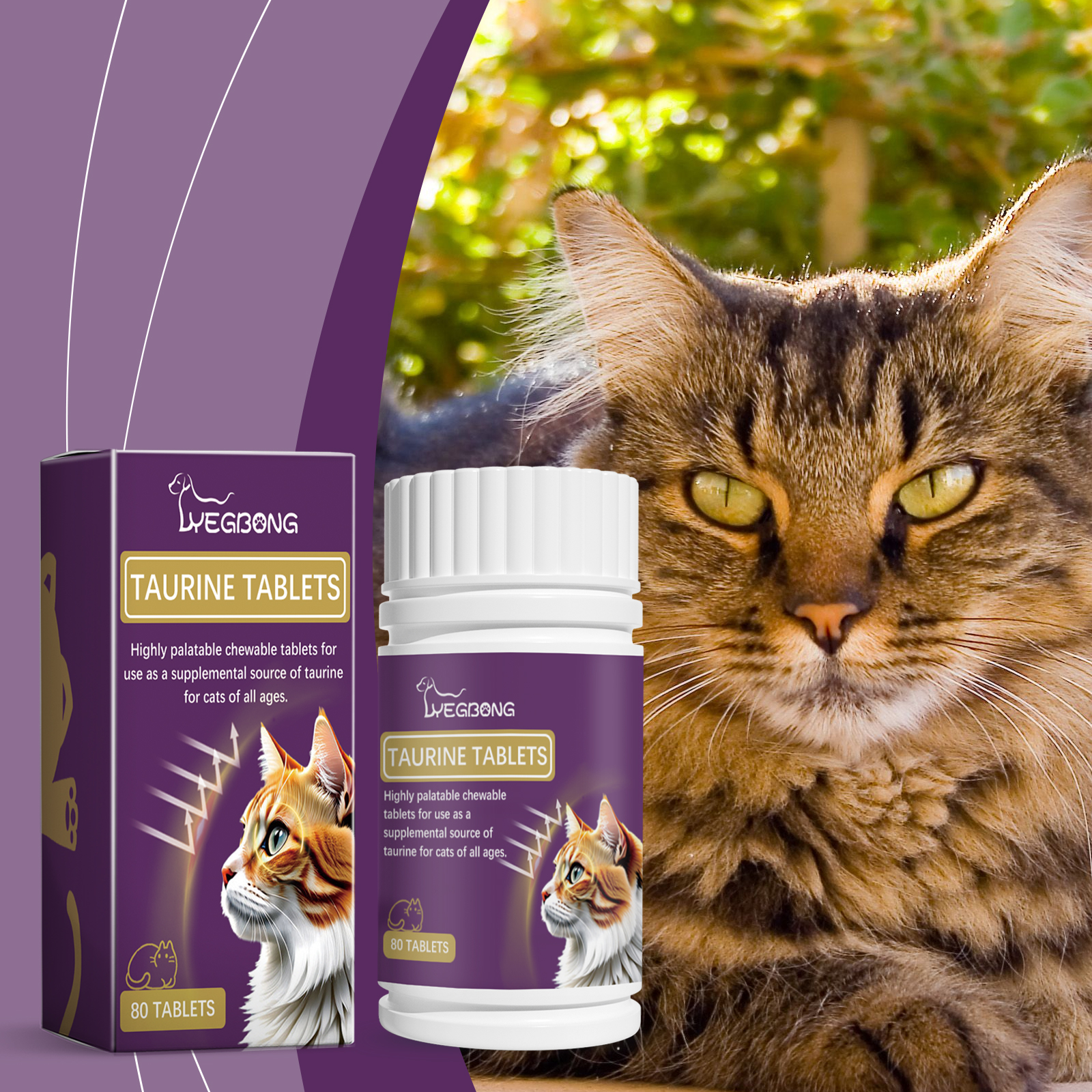 Taurine supplement packaging displayed beside long-haired cat