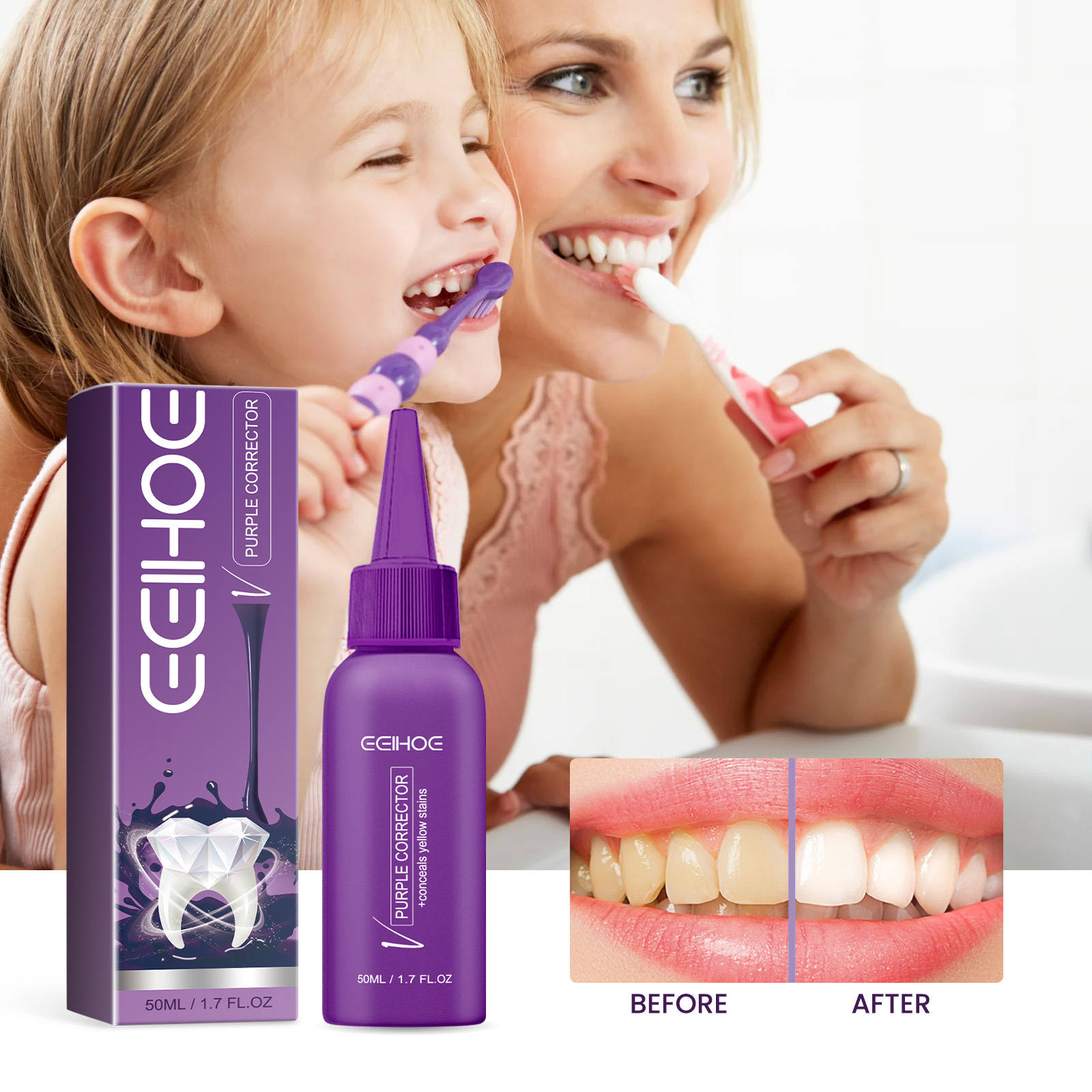 Family oral-care scene with compact purple corrector bottle