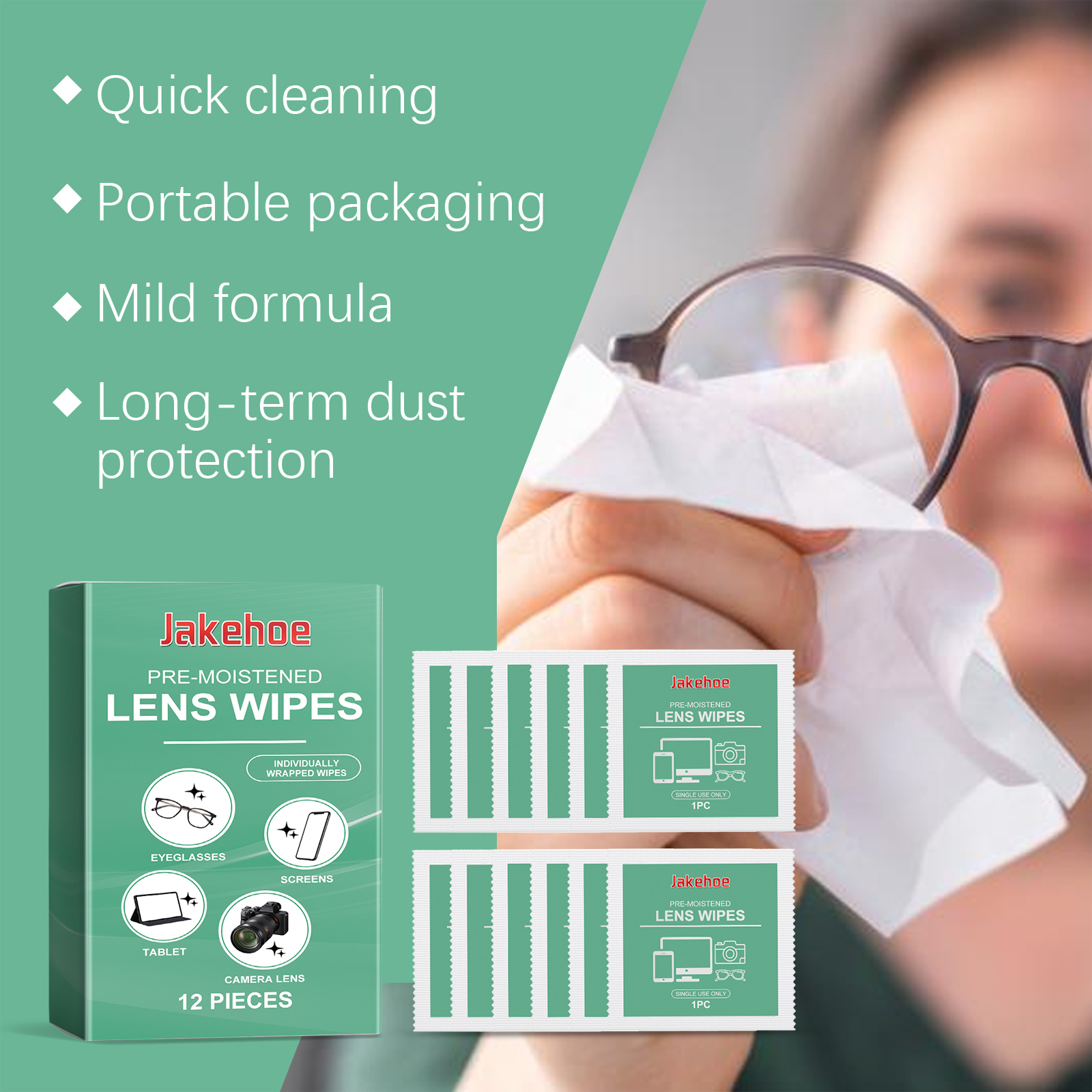 Eyeglasses being wiped with portable cleaning packet