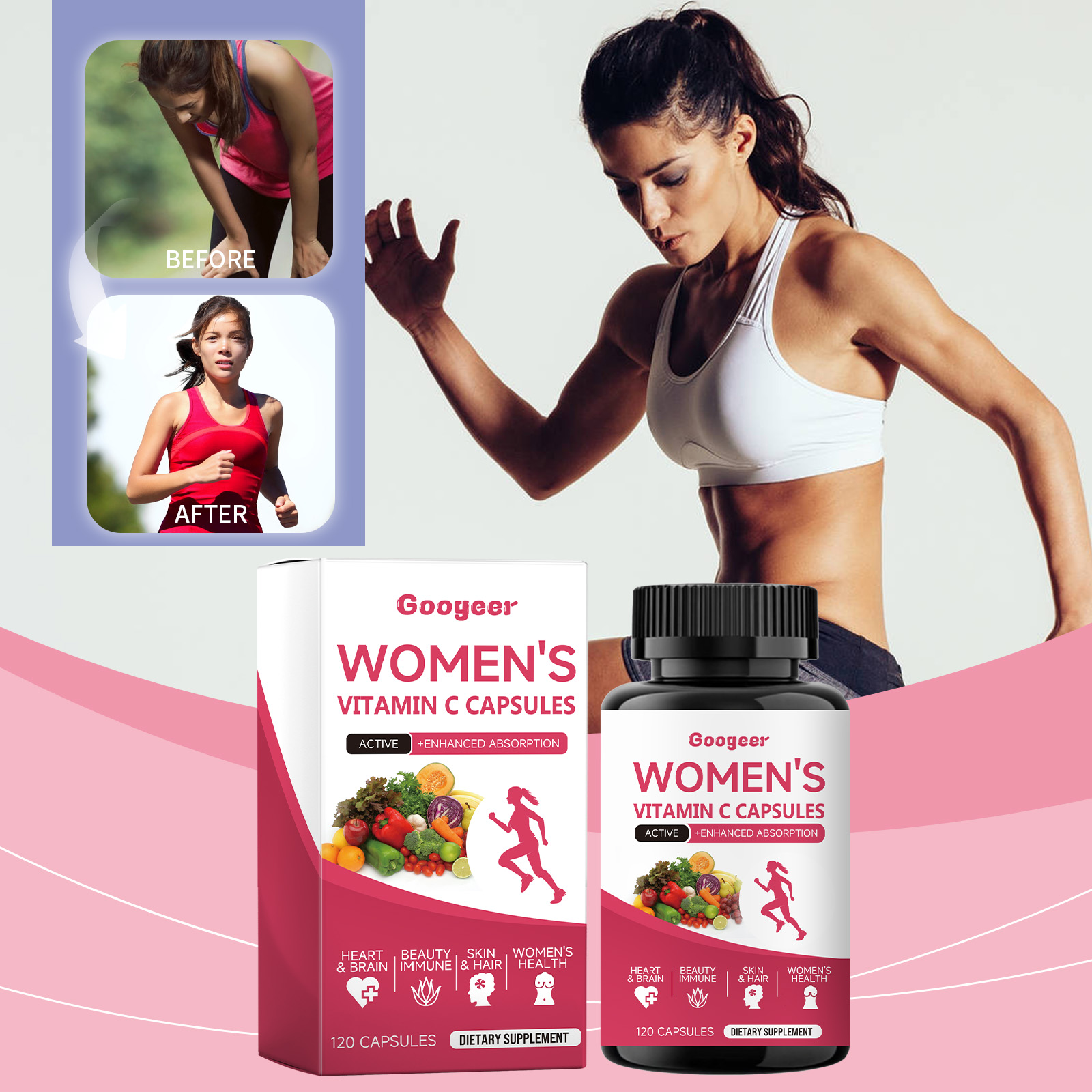 Active woman using vitamin packaging beside an athletic scene