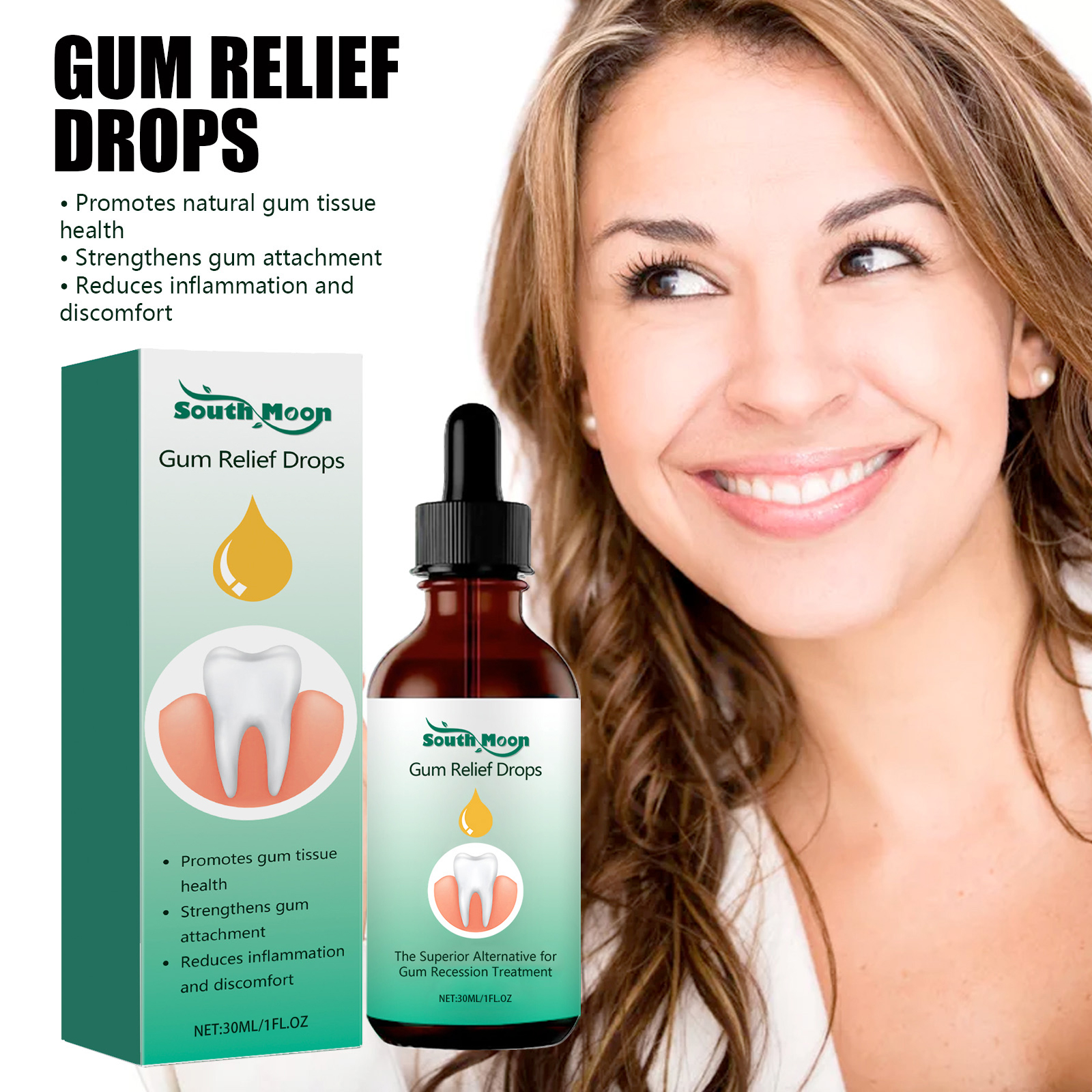 Woman using gum care drops as part of oral care