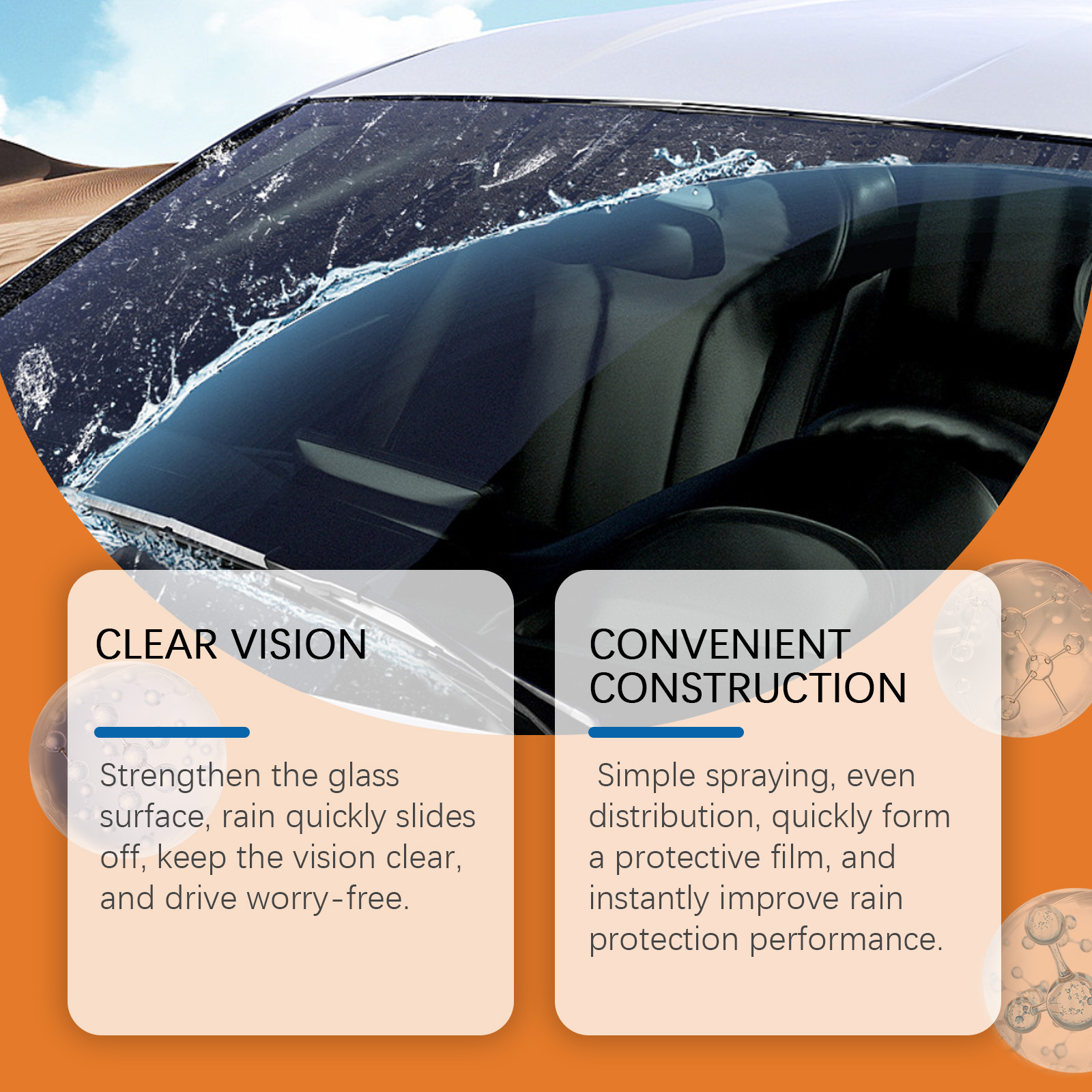 Rain-covered windshield illustrating clearer vision treatment