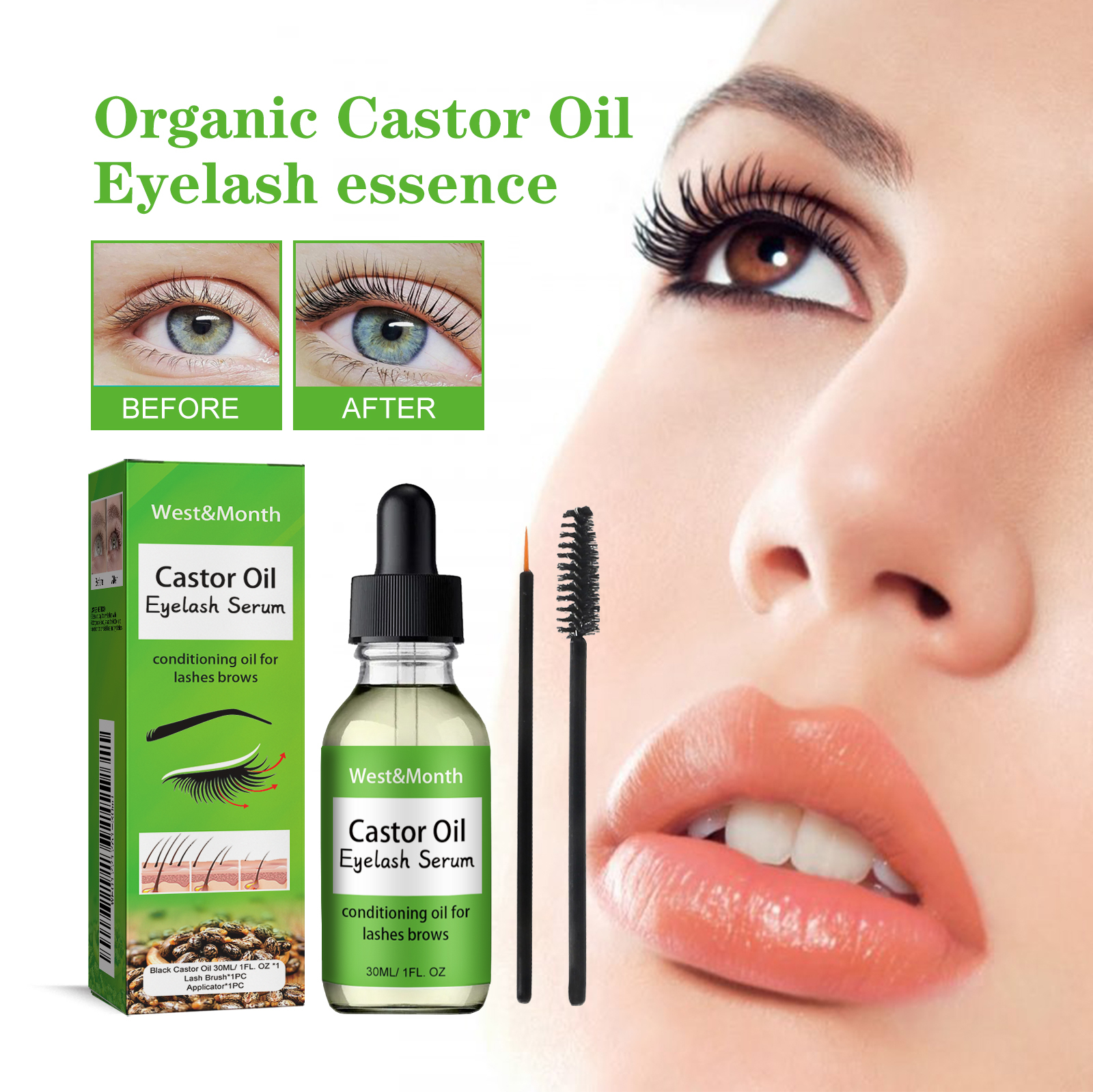 Lash serum beside eye close-up and groomed lash comparison