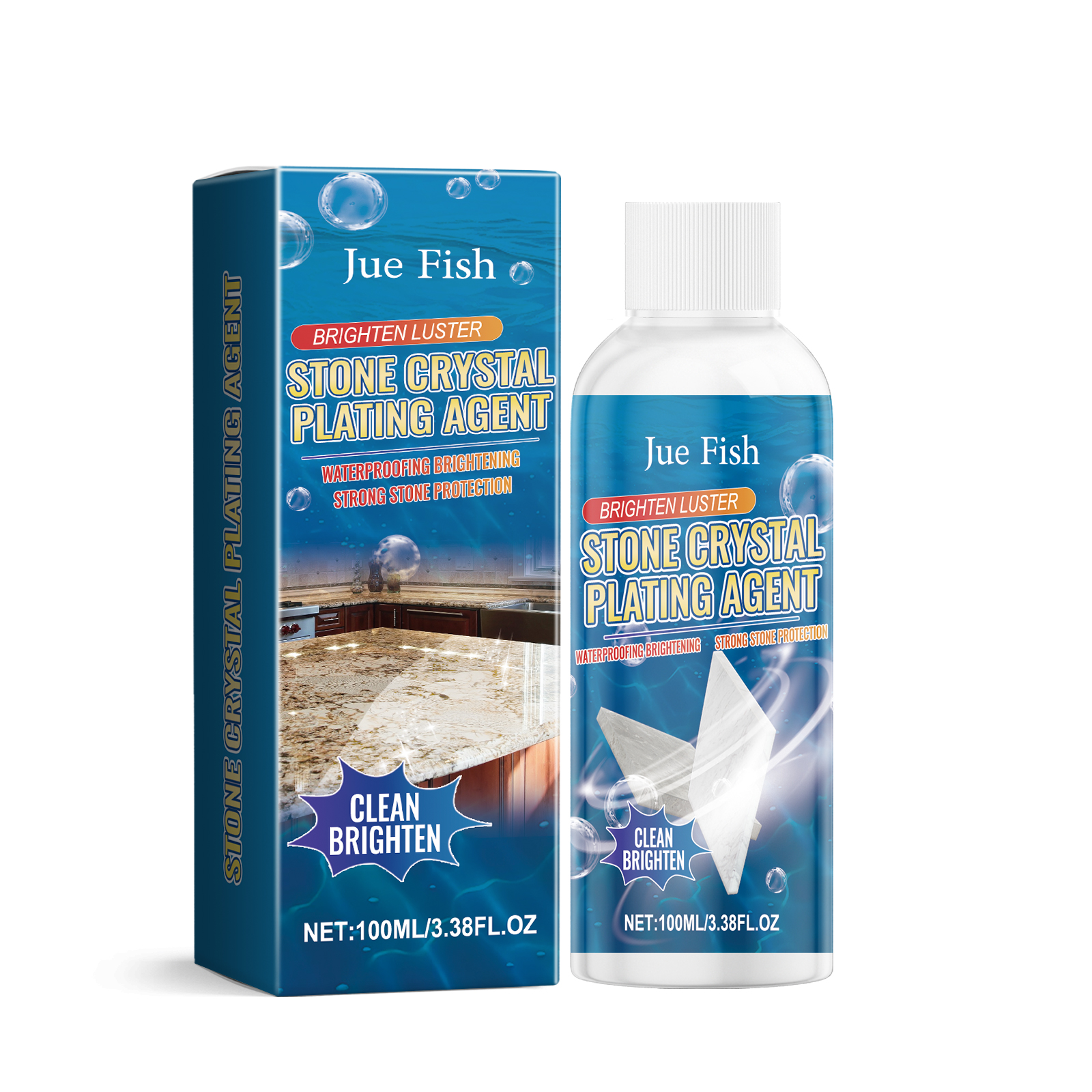 White stone plating bottle with blue carton packaging