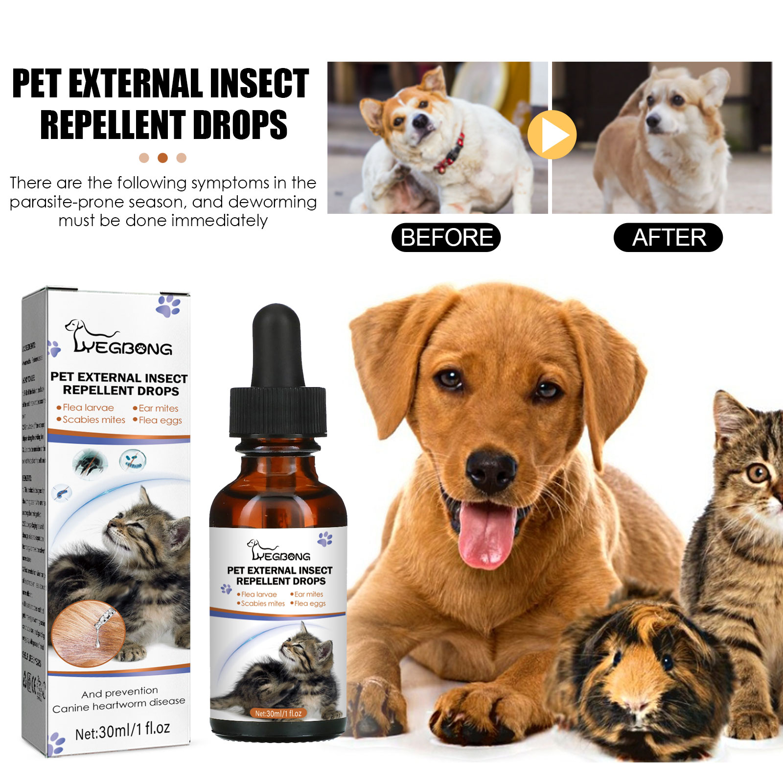Amber glass dropper bottle and printed parasite-care carton