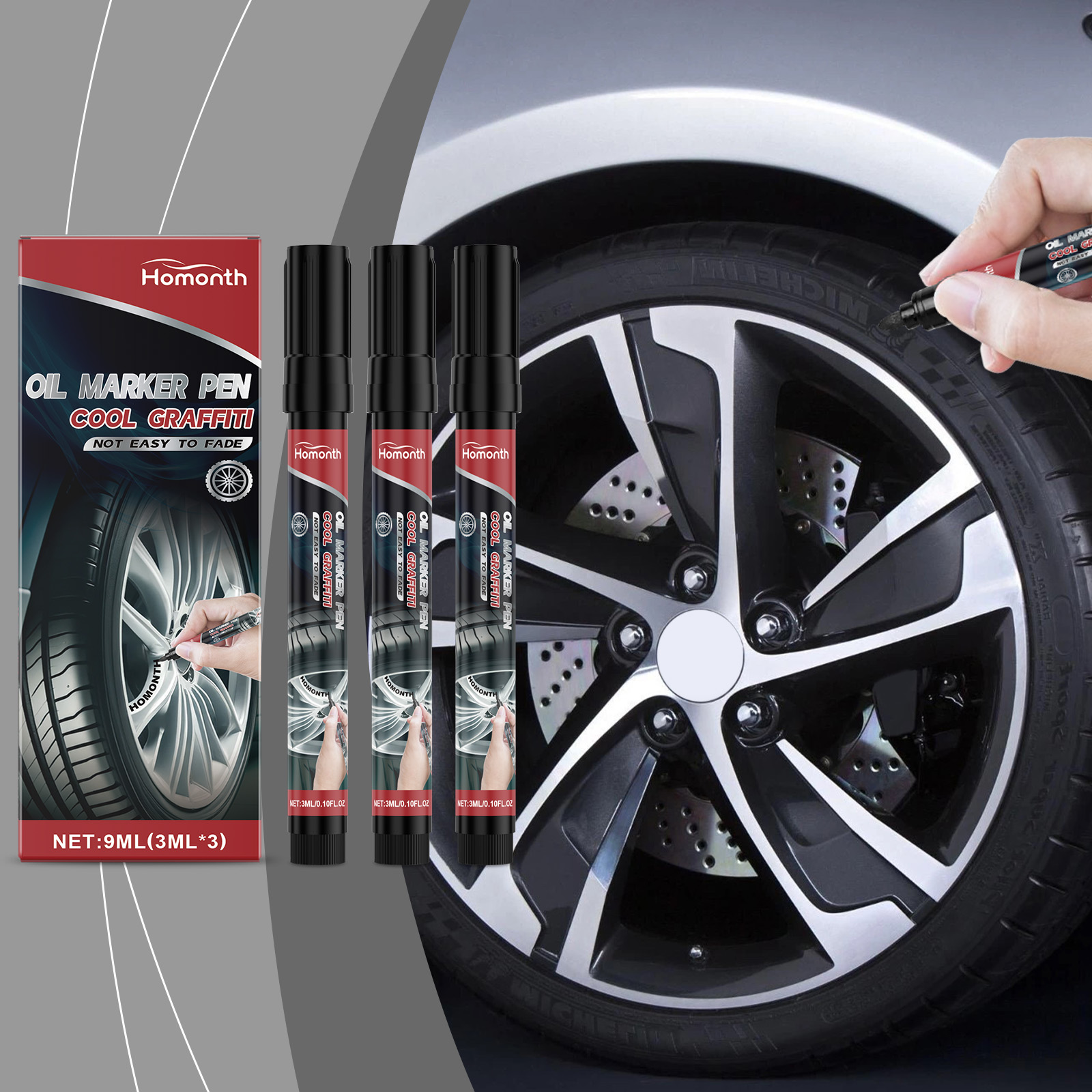 Fine tip oil marker applying paint to black tire