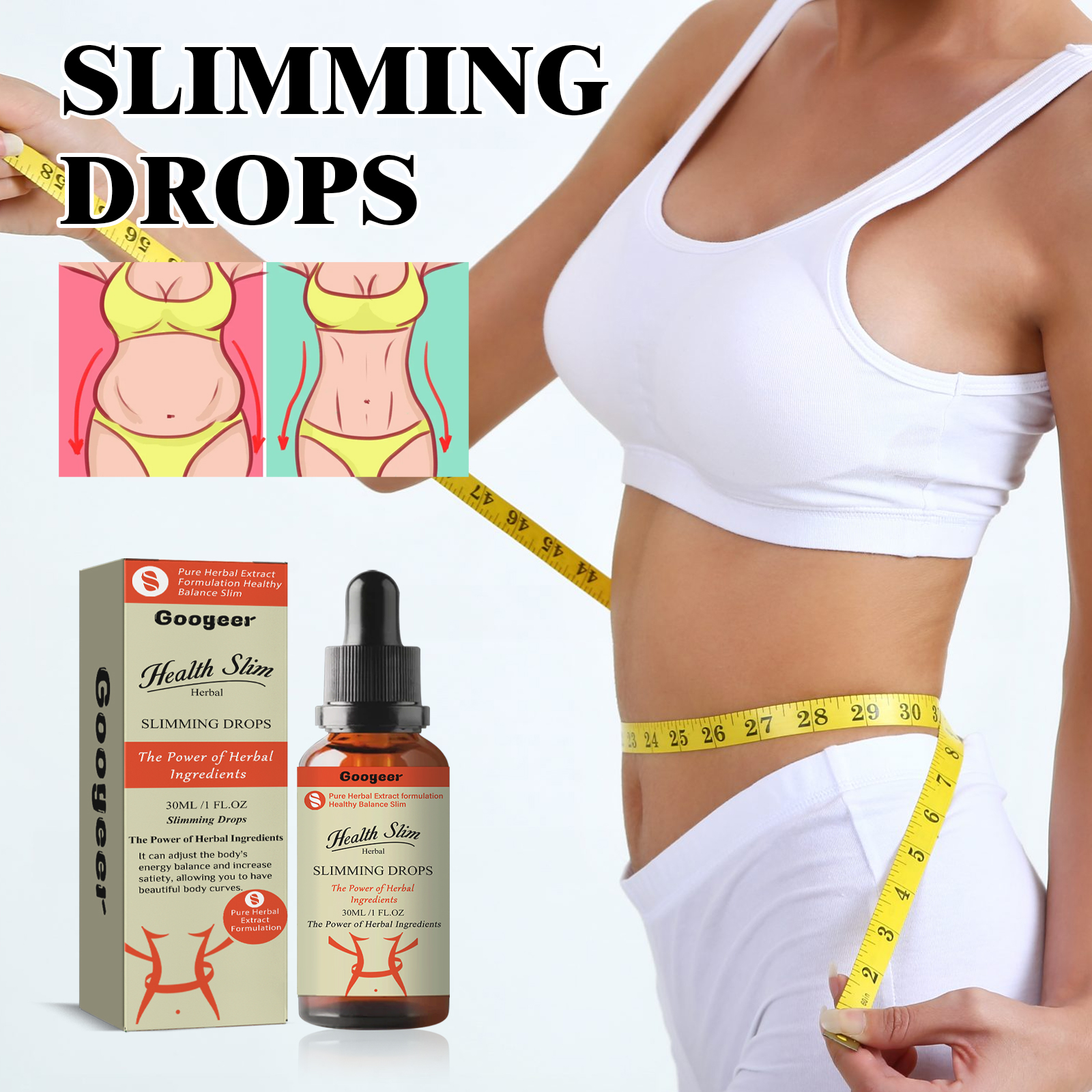 Compact slimming drops bottle in waist routine setting