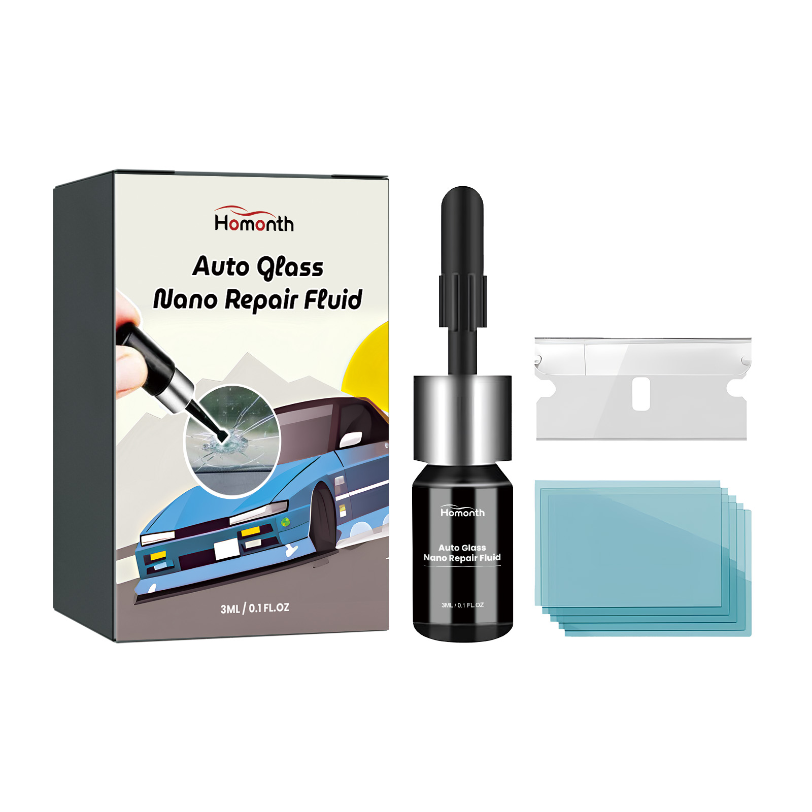Five-piece windshield repair kit arranged together