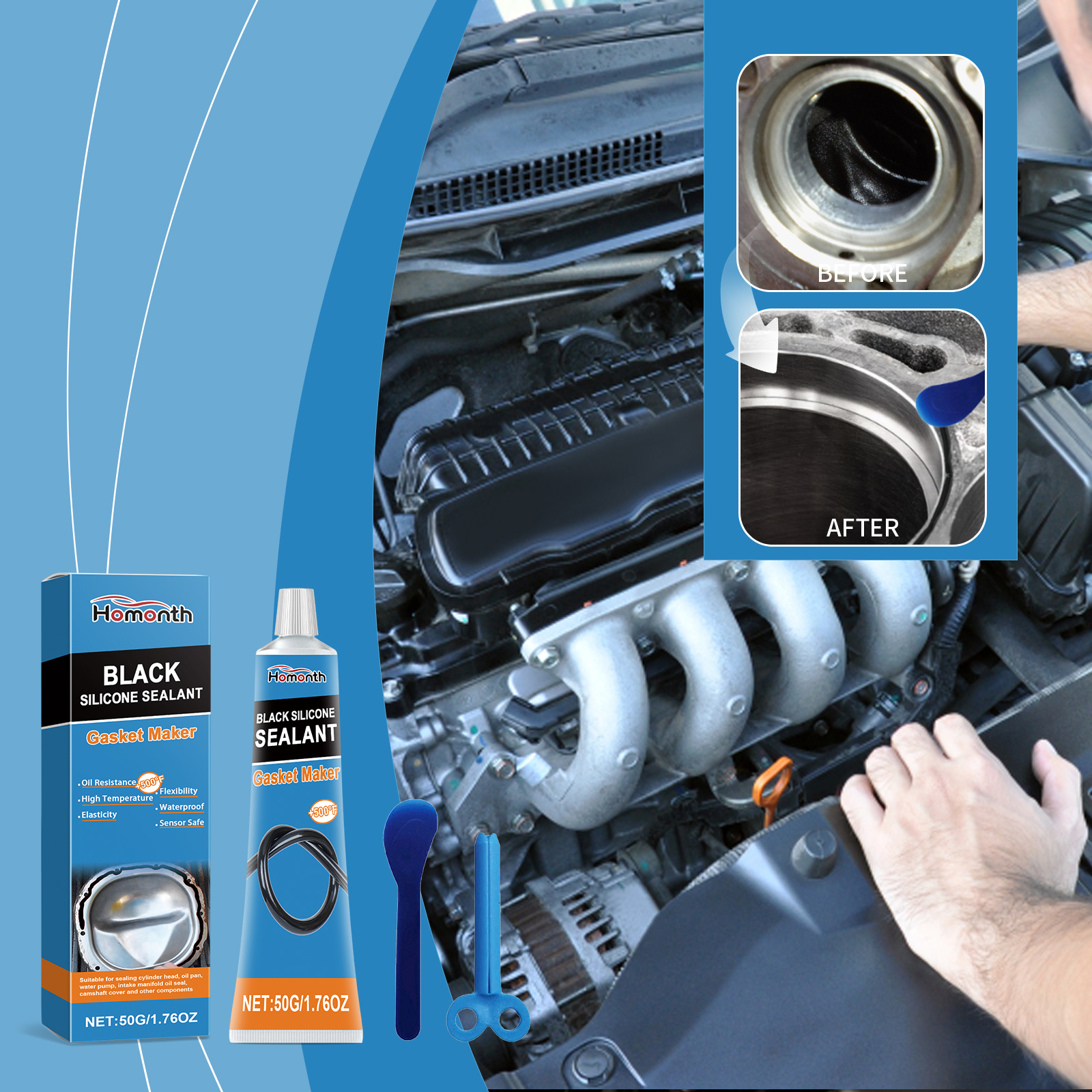 Black sealant shown beside an automotive engine repair area