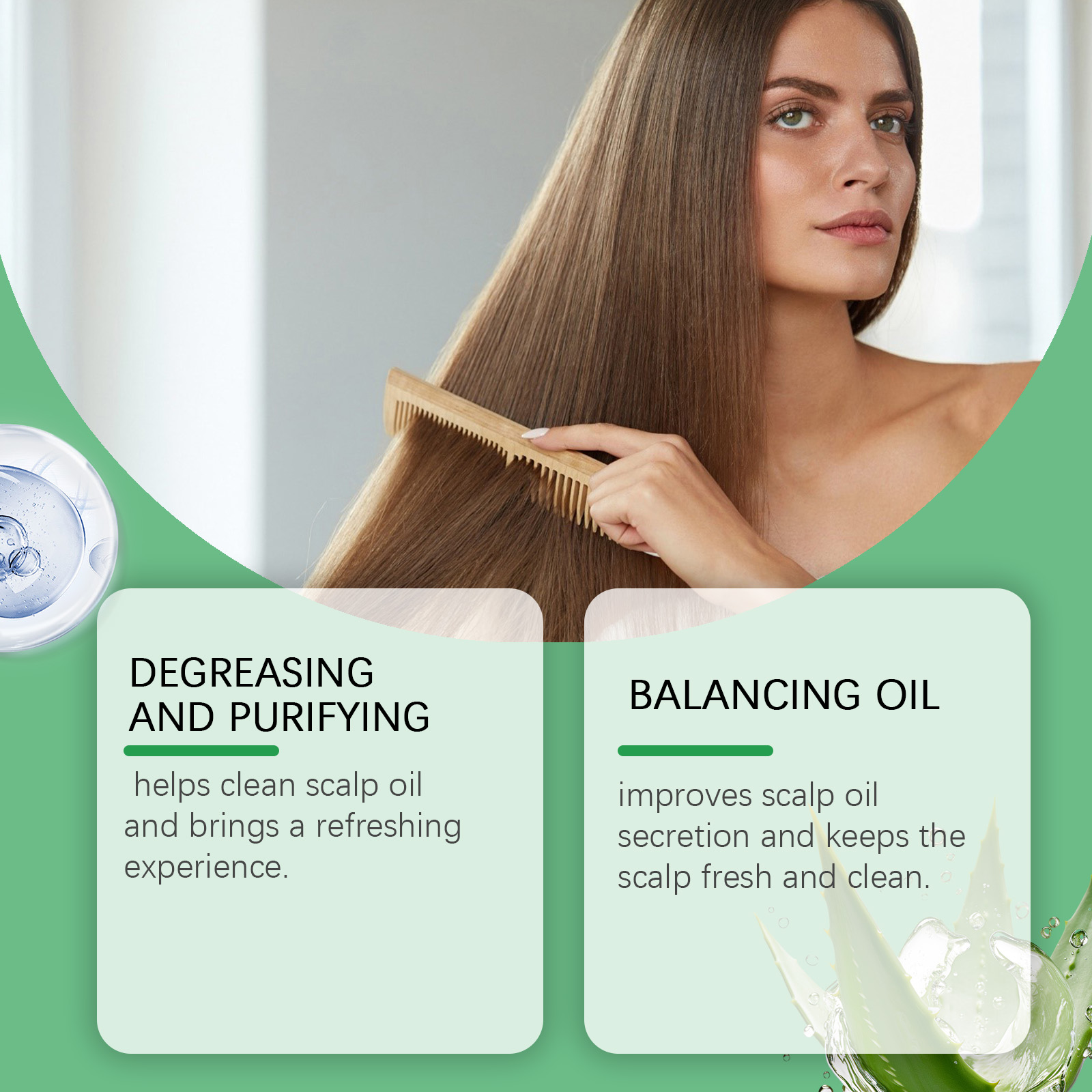 Woman brushing smooth hair after oil control wash