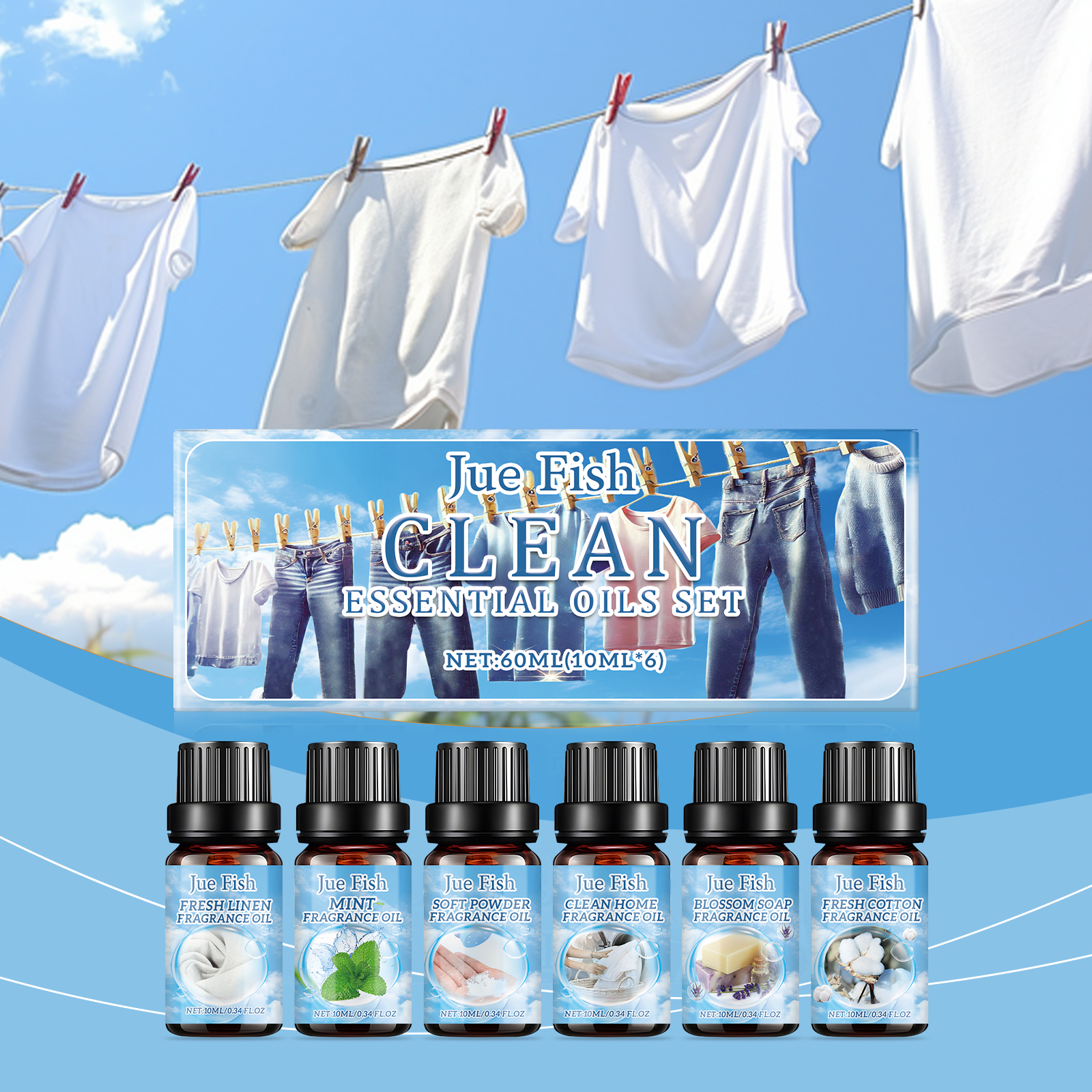 Essential oils styled with bright clean laundry