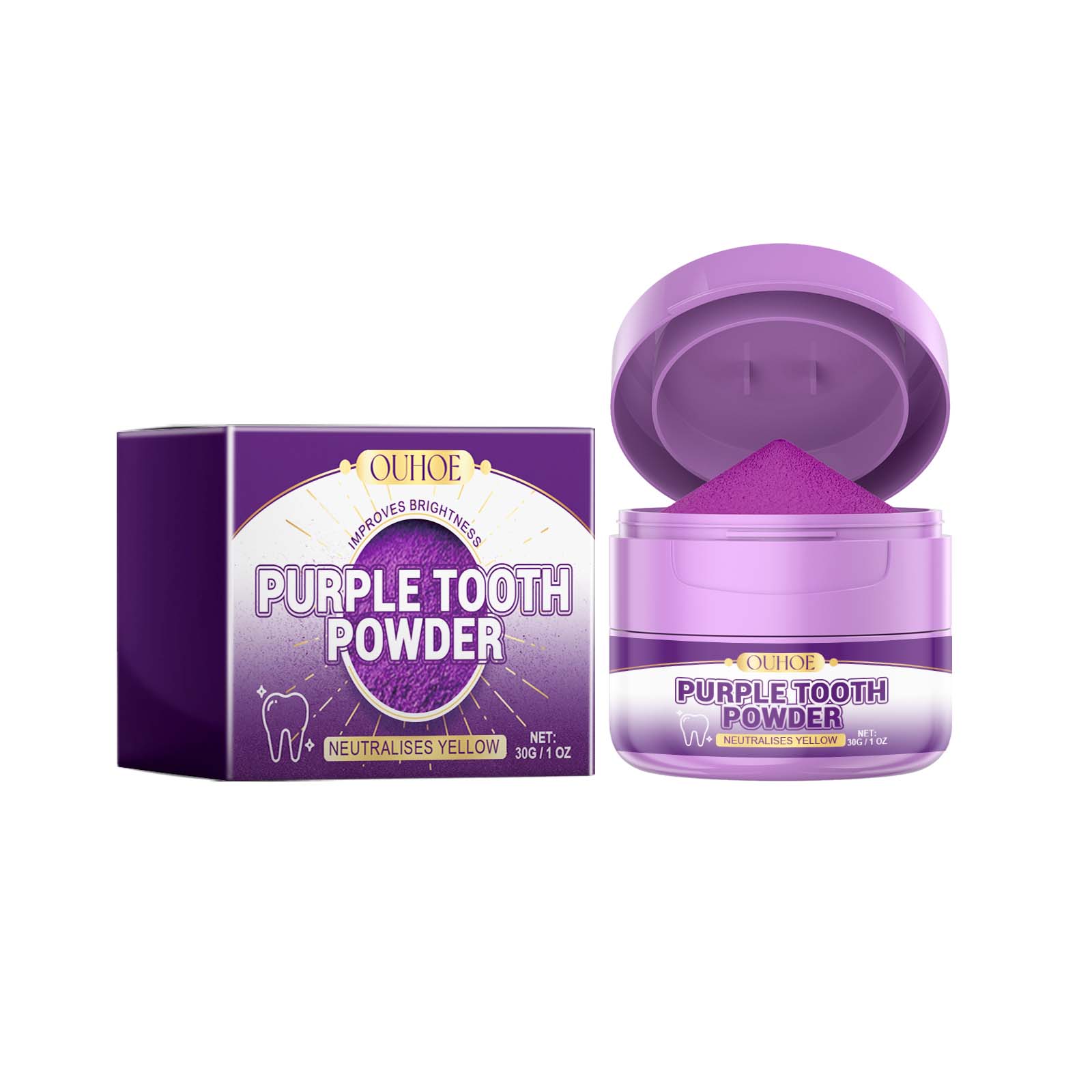Open purple tooth powder jar showing hinged lid detail