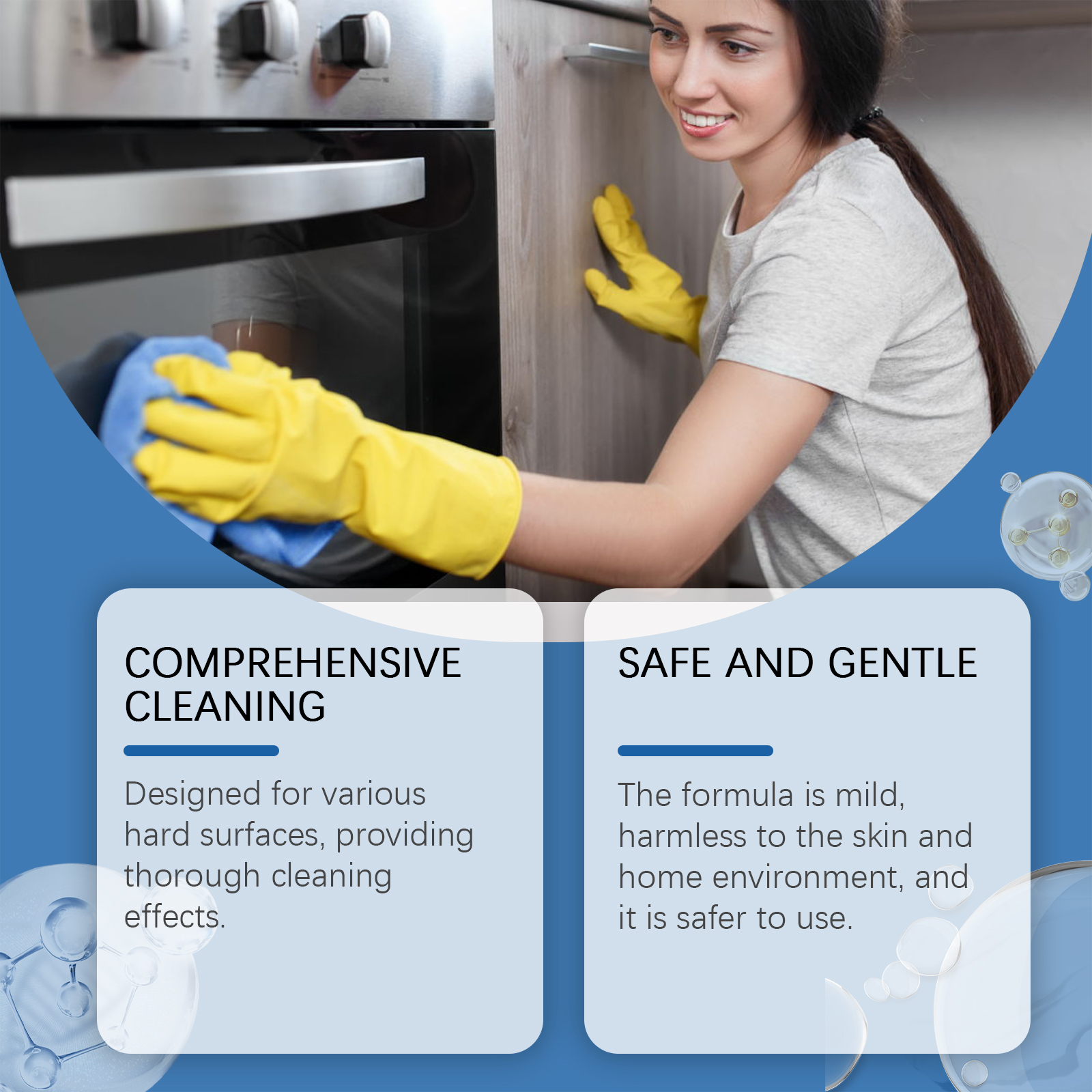 Gloved cleaner using spray on kitchen appliance