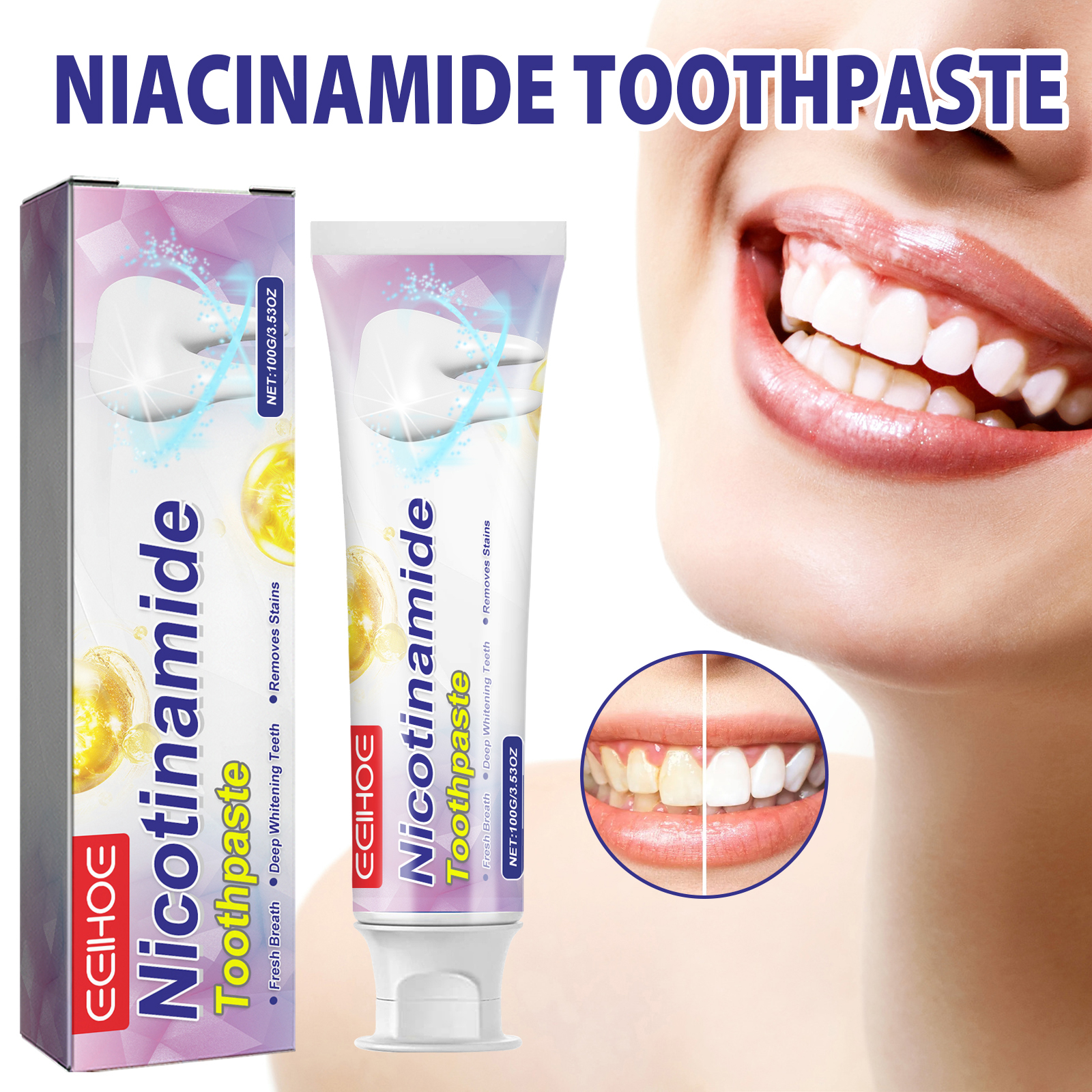 Toothpaste packaging beside bright smile comparison graphic