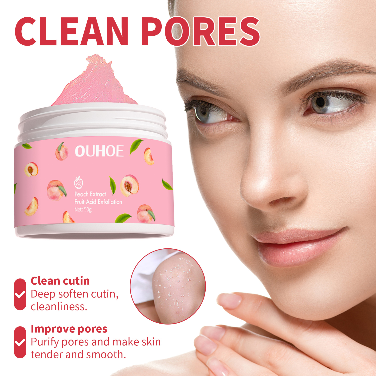 Pink exfoliating cream texture beside clean-looking pore claims