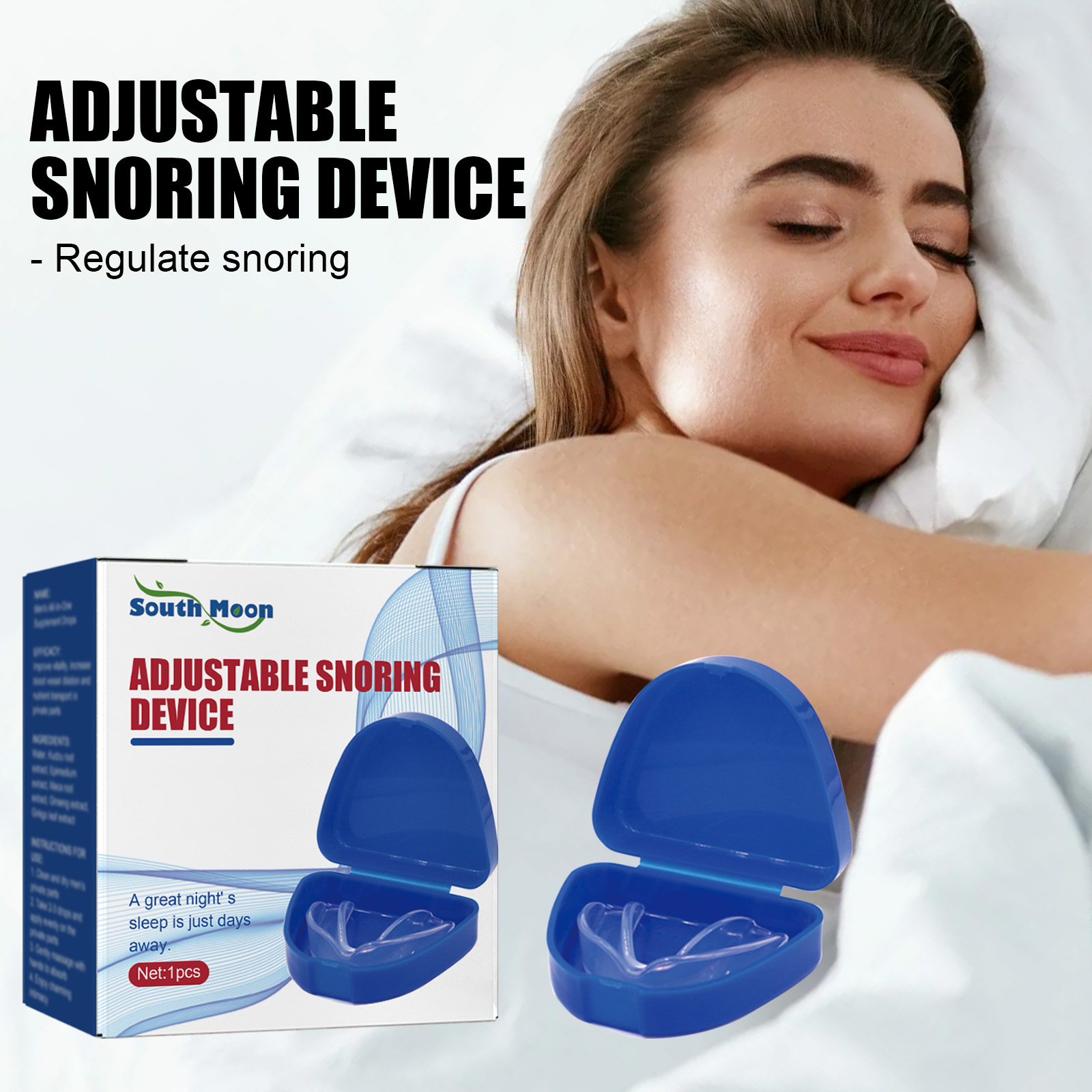 Closed blue hinged case with boxed snoring device