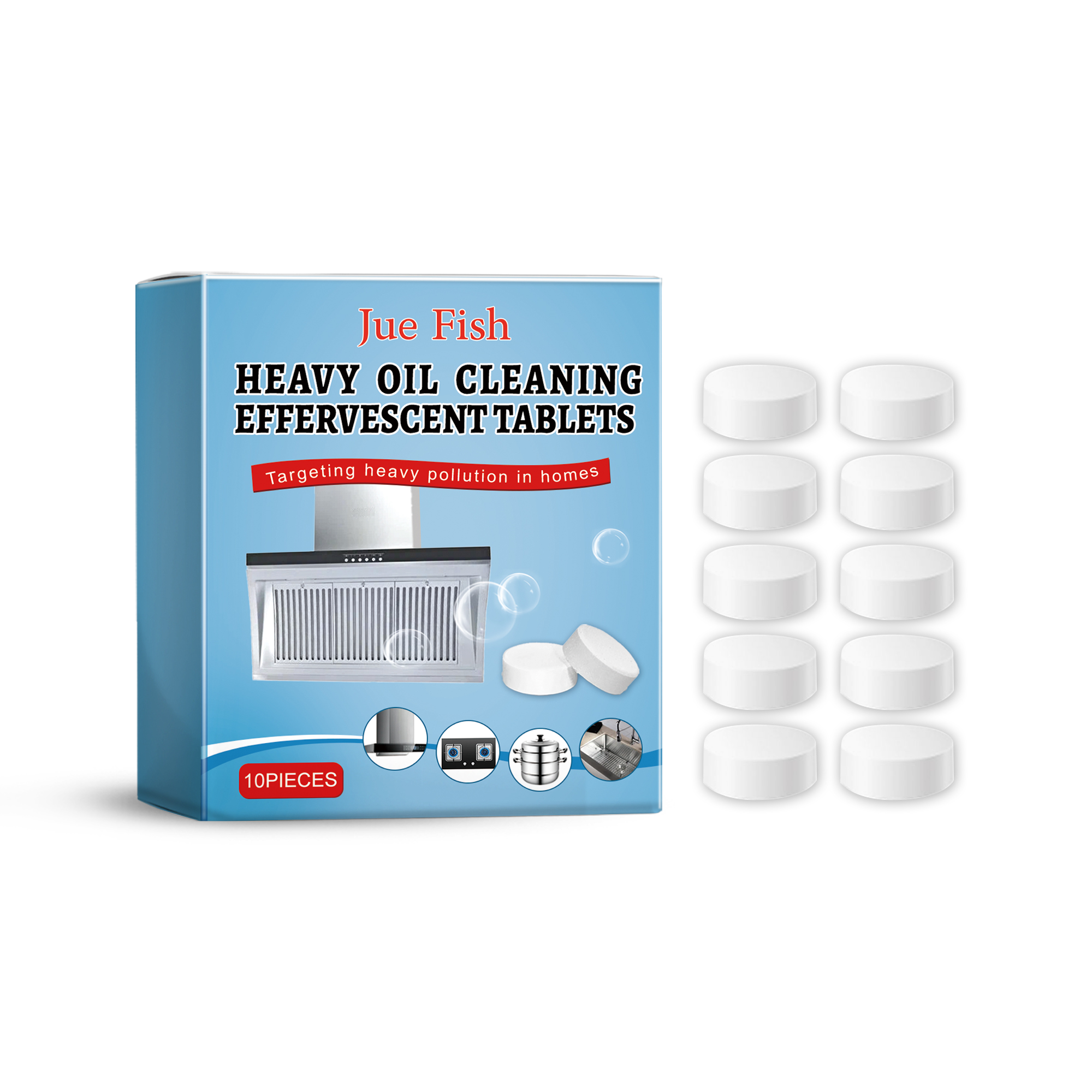 Glossy blue cleaning tablet box beside kitchen surface