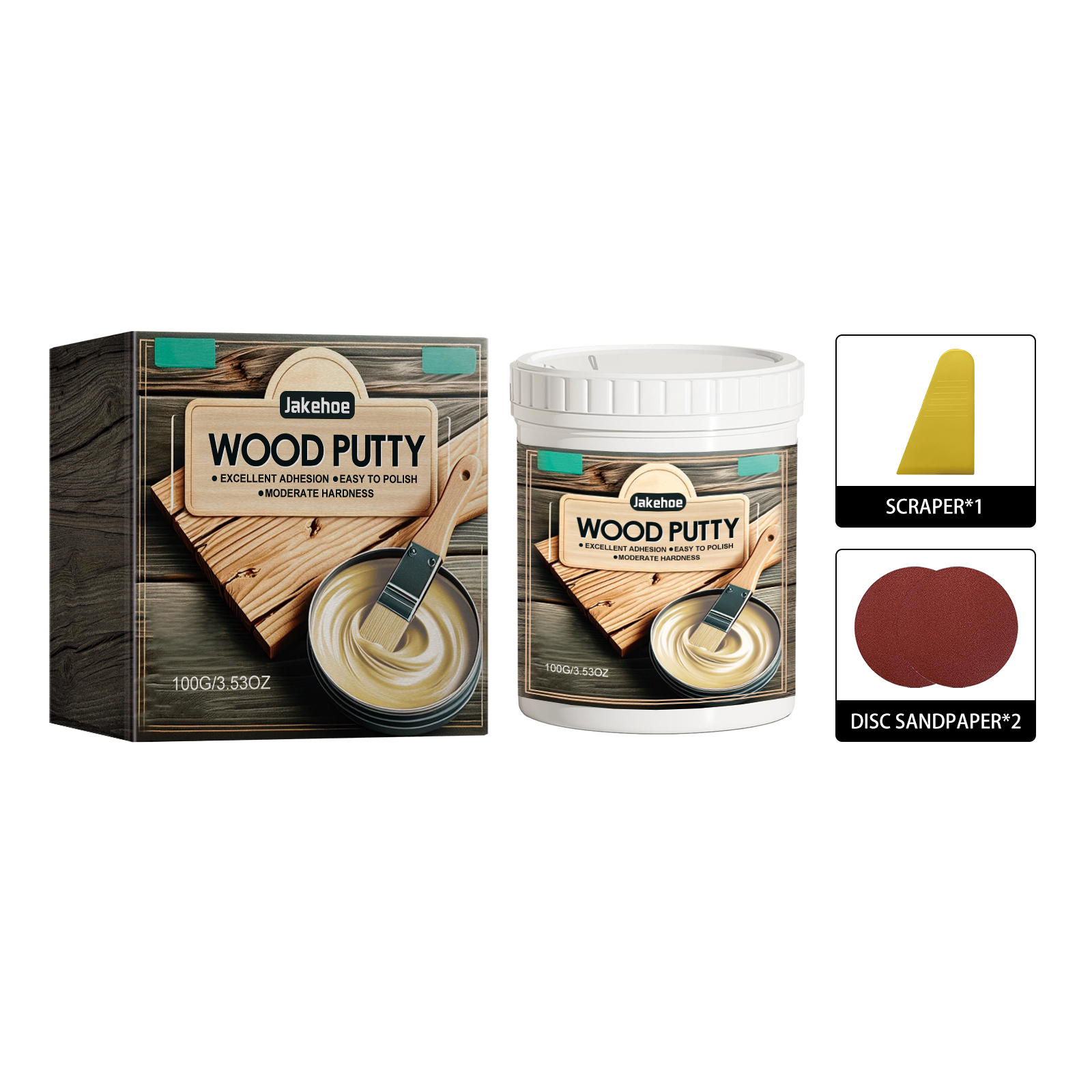 Wood-toned putty tub with included sanding disc