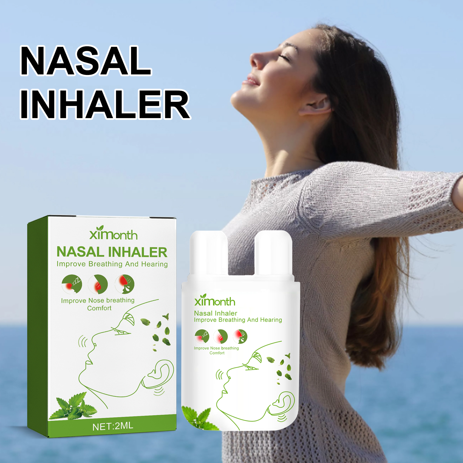 Adult holding compact Ximonth nasal inhaler outdoors