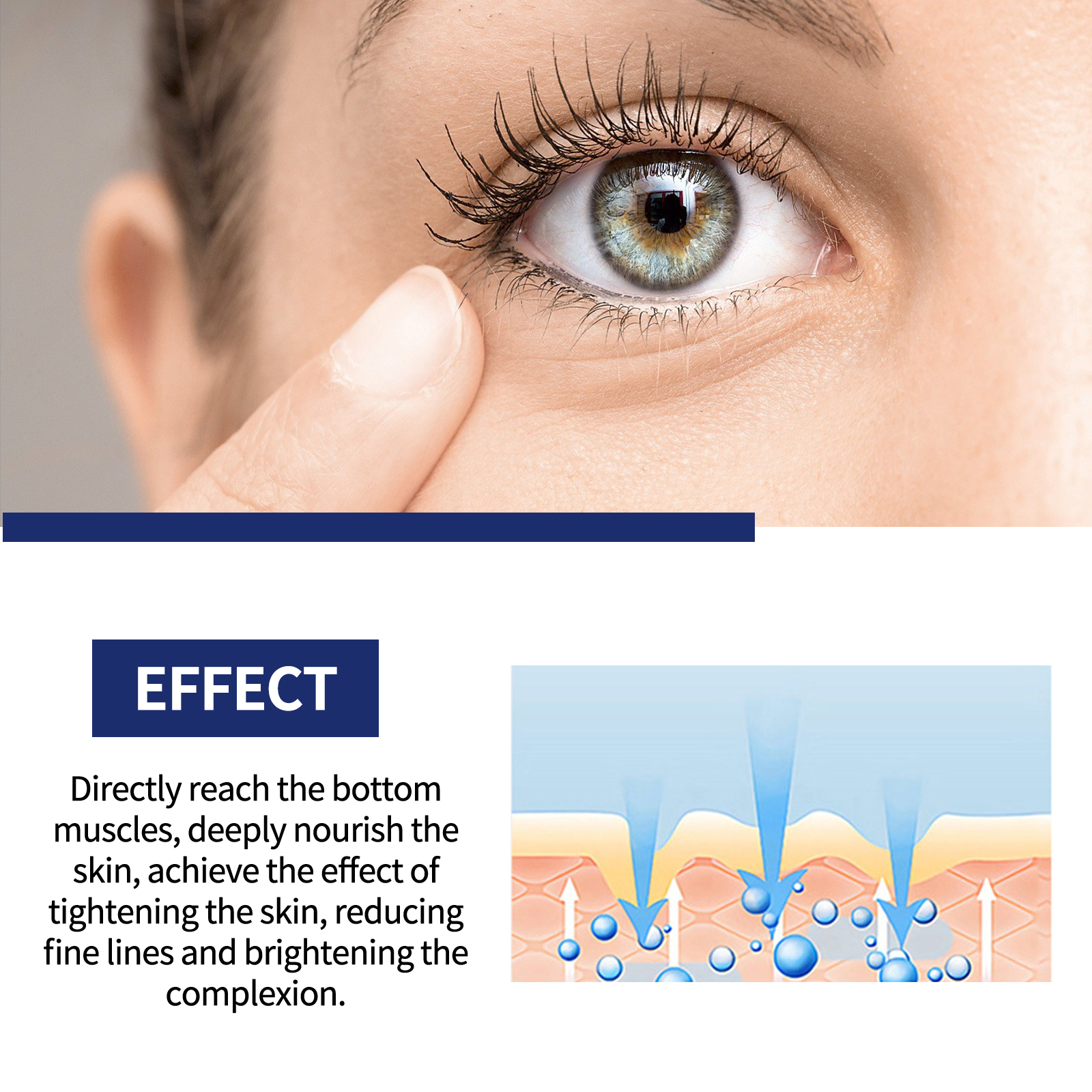 Blue gel moisture illustration beside close-up eye area