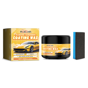 Rectangular applicator sponge beside black wax jar