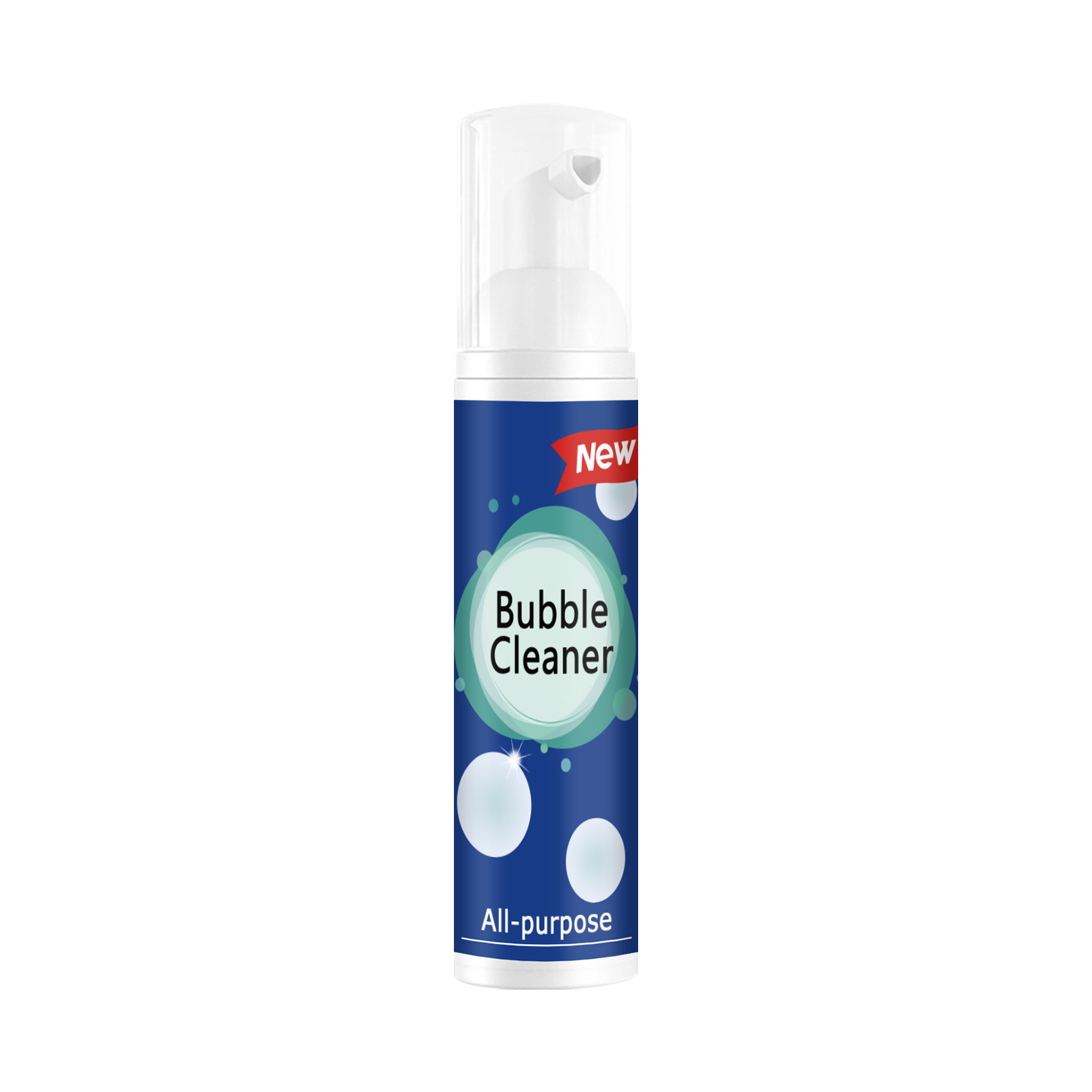 White foaming pump on compact blue cleaner bottle