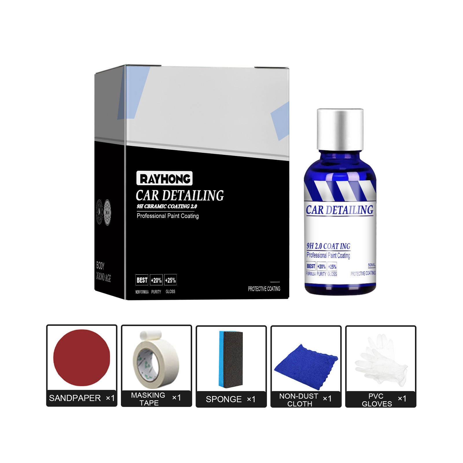 Blue coating bottle with boxed detailing accessories