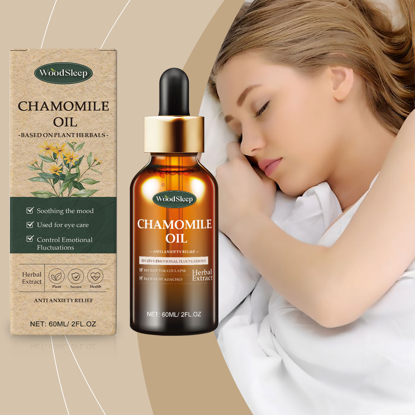 Chamomile oil beside a woman resting in bed