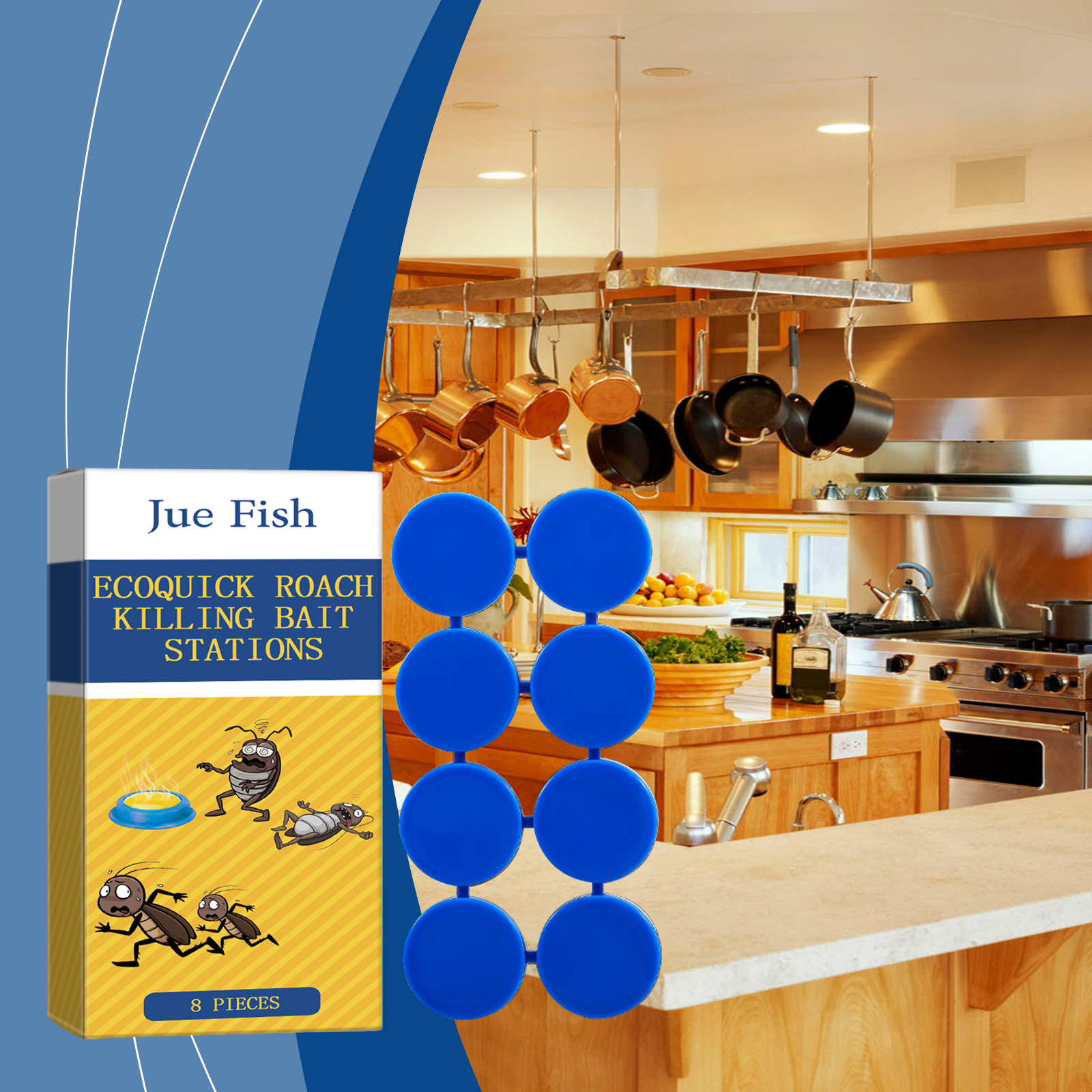 Compact blue bait stations ready for kitchen placement