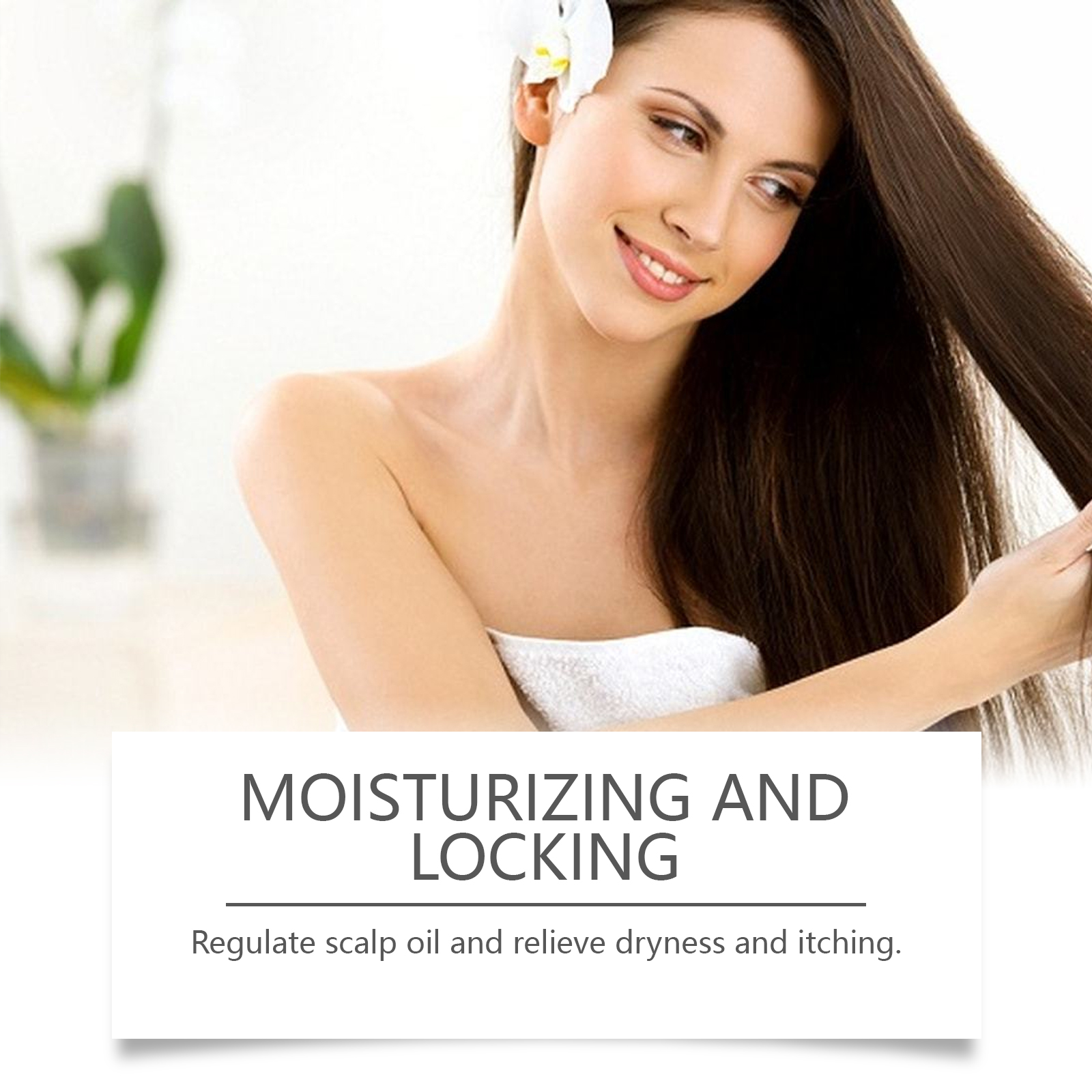 Woman with long hair showing moisturizing conditioner claims