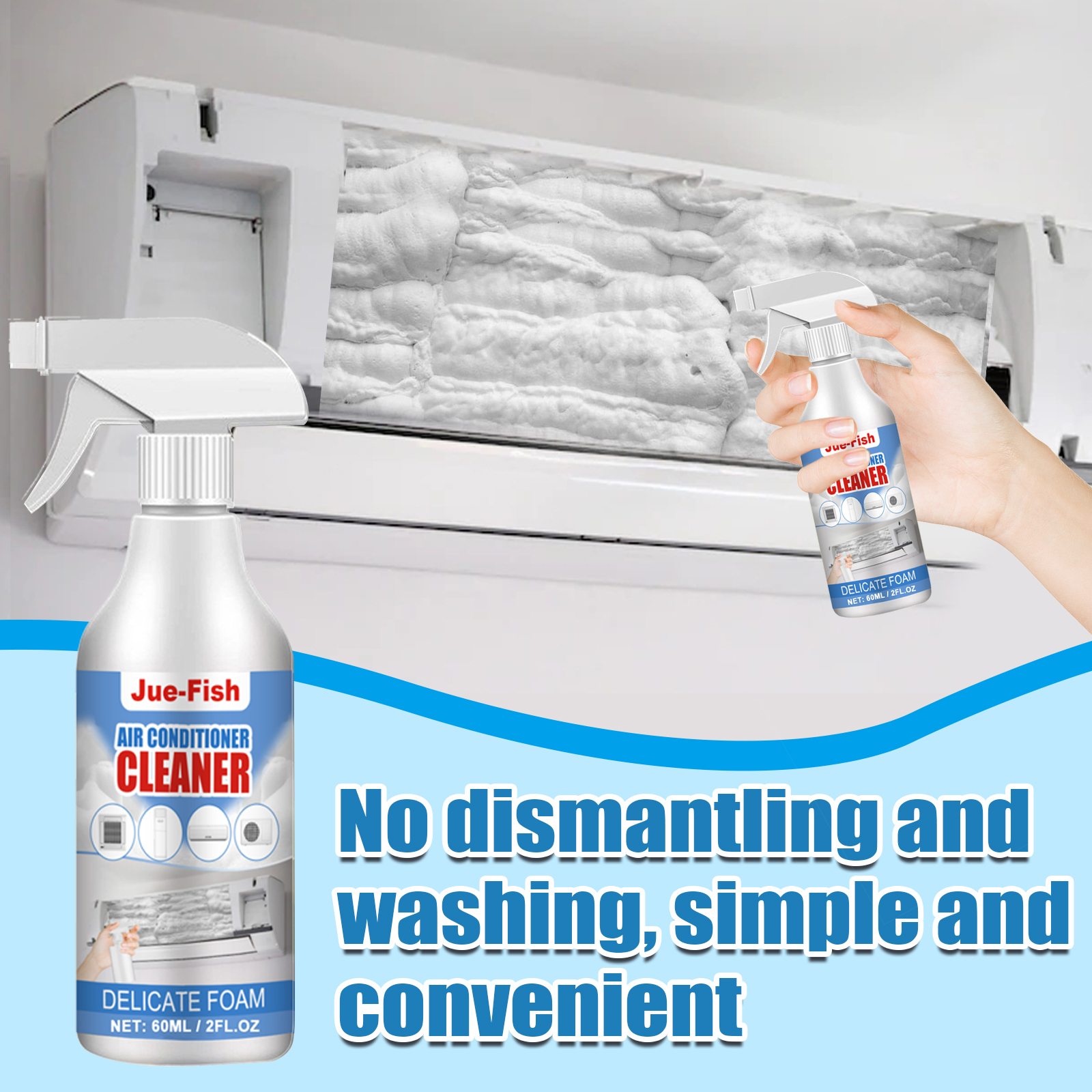 Hand applying AC cleaner near open wall unit