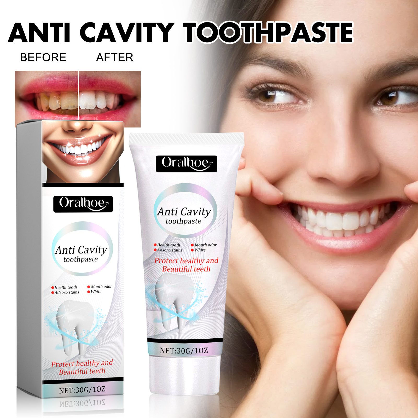 Brighter-looking smile shown beside toothpaste packaging