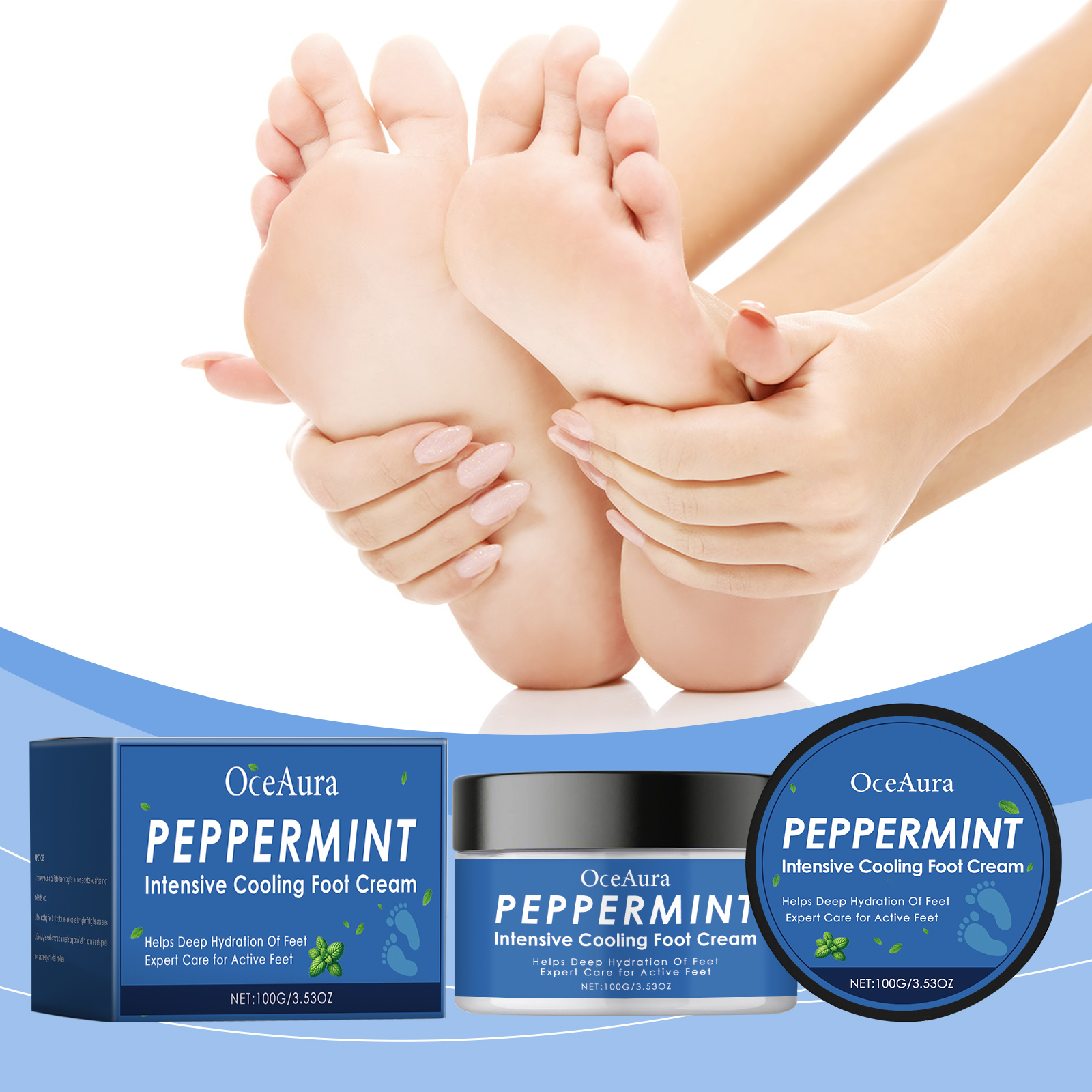 Hands applying foot cream during evening care
