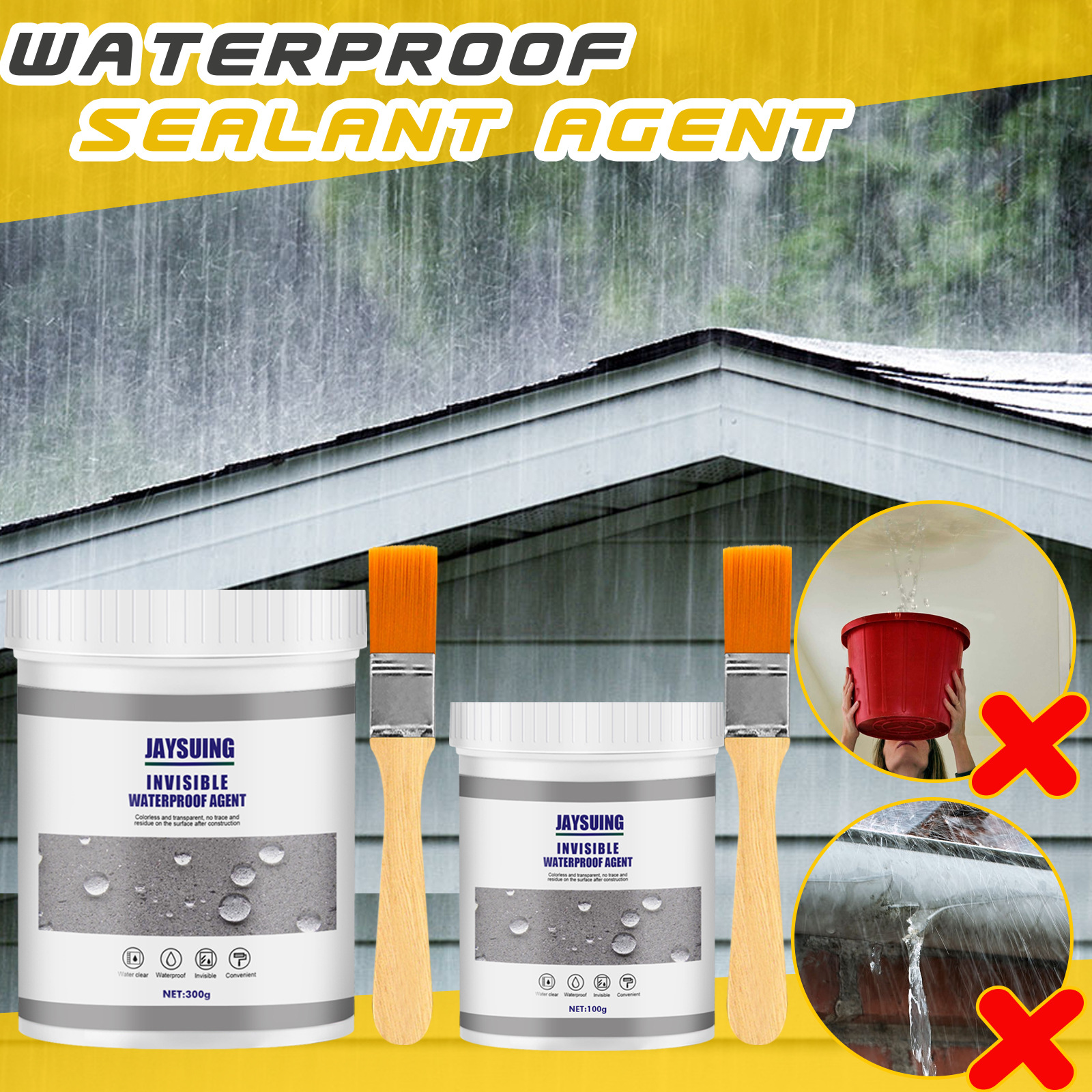 Clear waterproofing product beside rain-exposed masonry