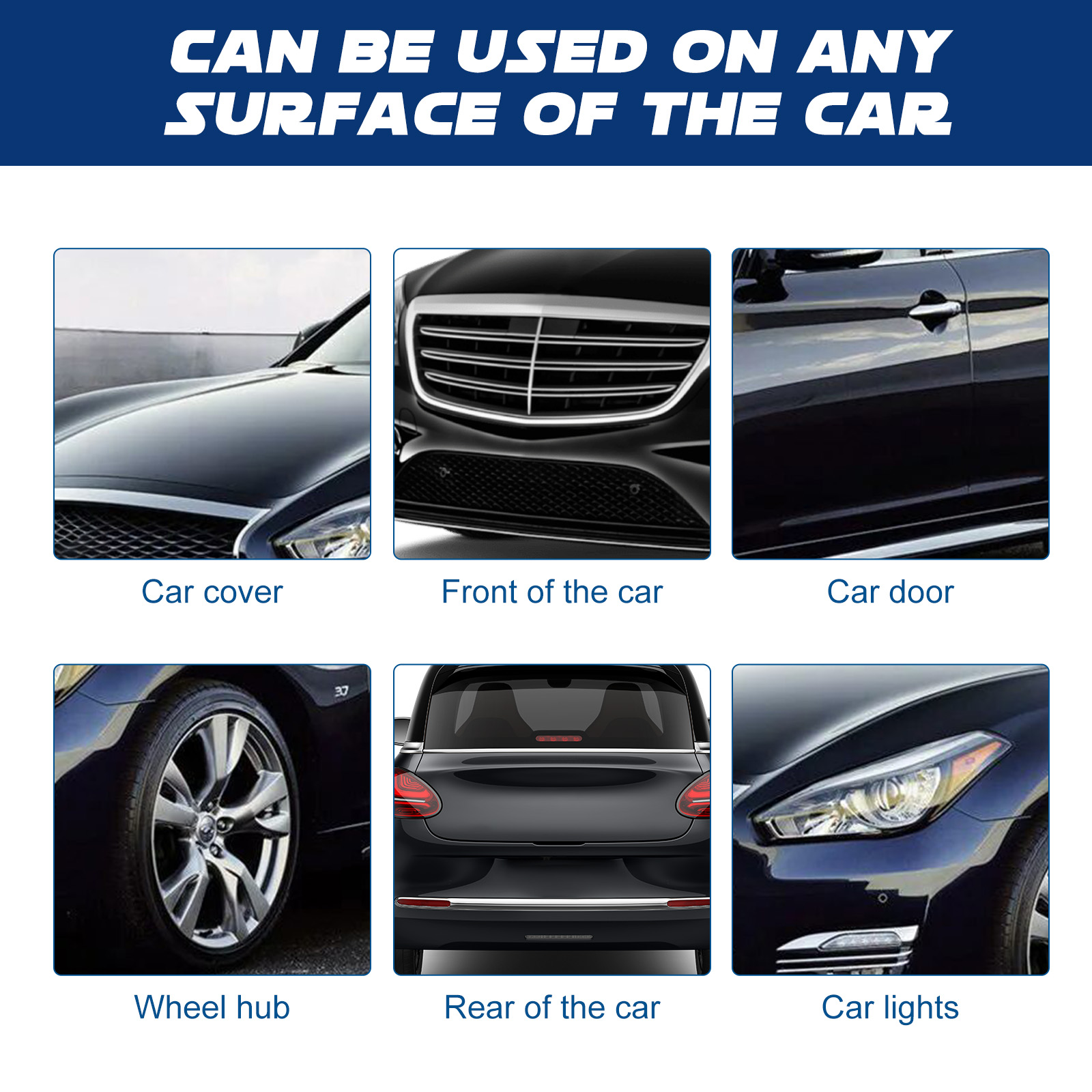 Car exterior surfaces shown in cleaning examples