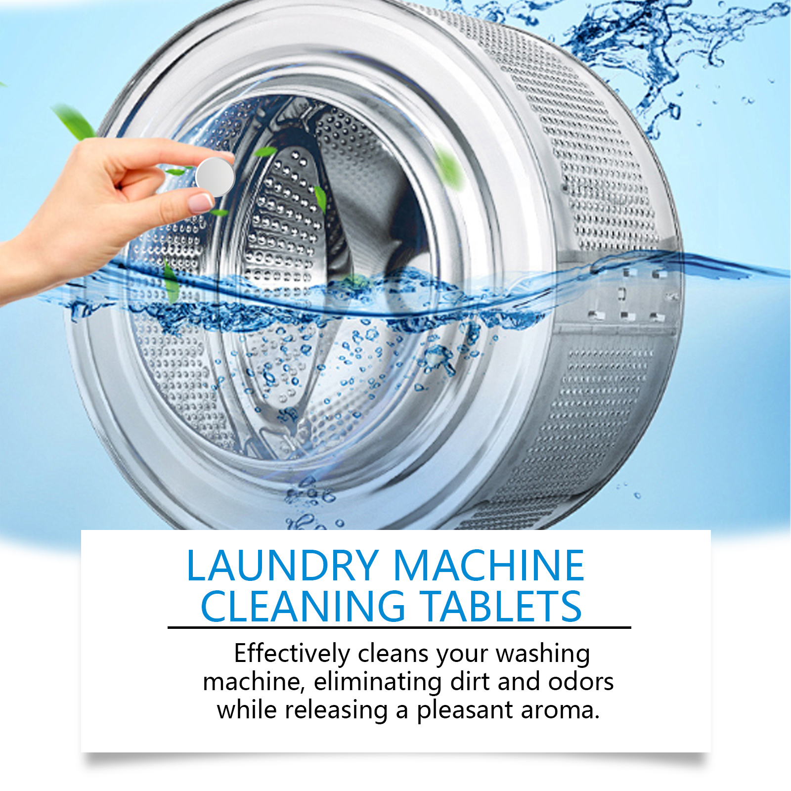 White cleaning tablet being placed into empty washing machine