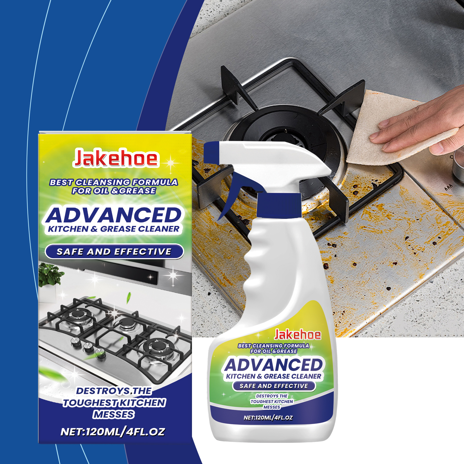 Kitchen degreaser beside greasy gas cooktop