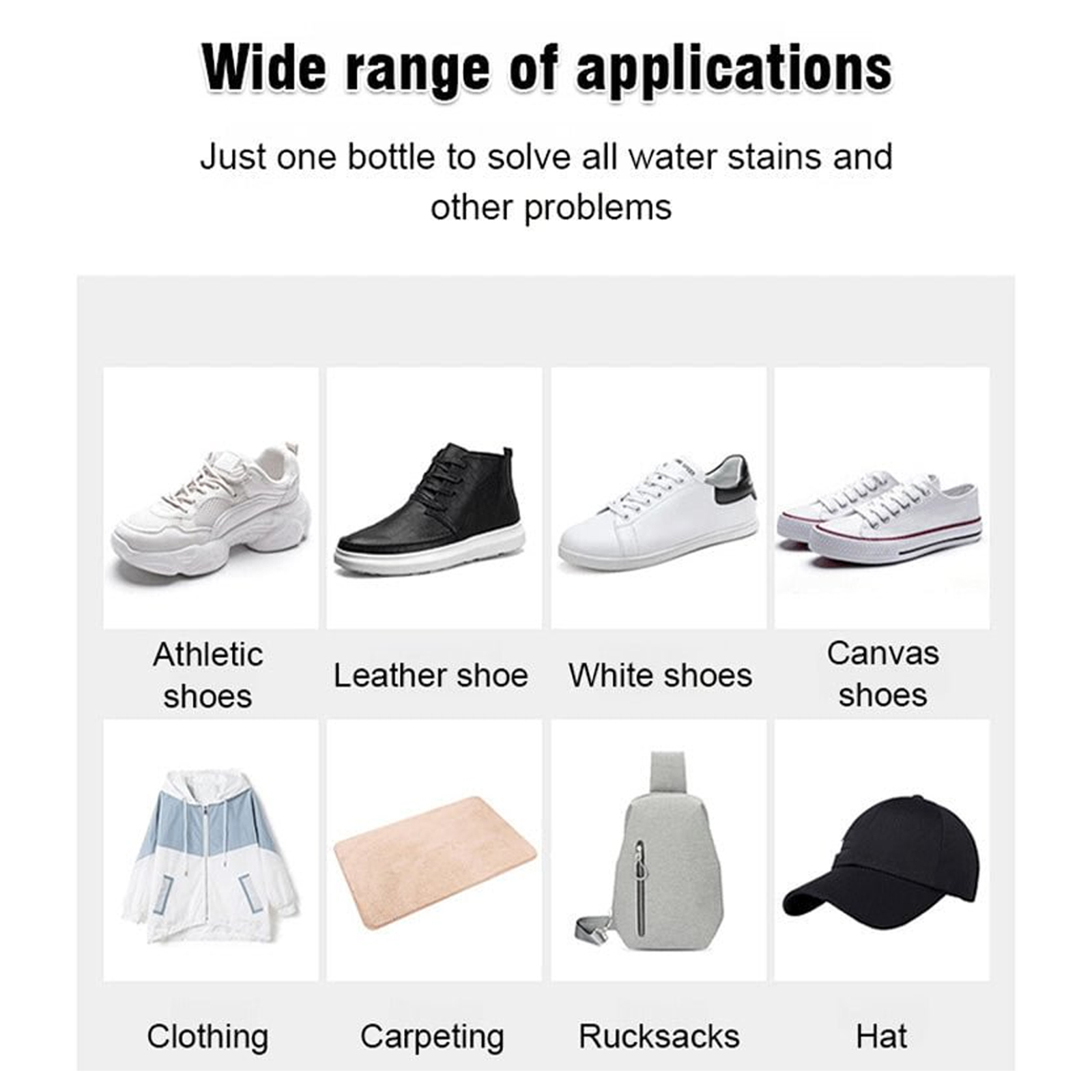 Spray applications across shoes clothing bags and hat